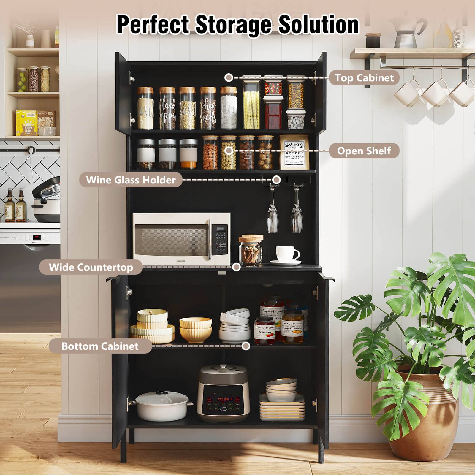 Perfect Storage Solution

- Top Cabinet
- Open Shelf
- Wine Glass Holder
- Wide Countertop
- Bottom Cabinet