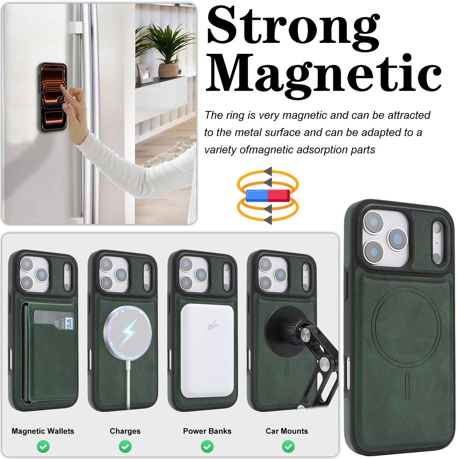 Strong Magnetic

The ring is very magnetic and can be attracted to the metal surface and can be adapted to a variety of magnetic adsorption parts.

- Magnetic Wallets
- Charges
- Power Banks
- Car Mounts