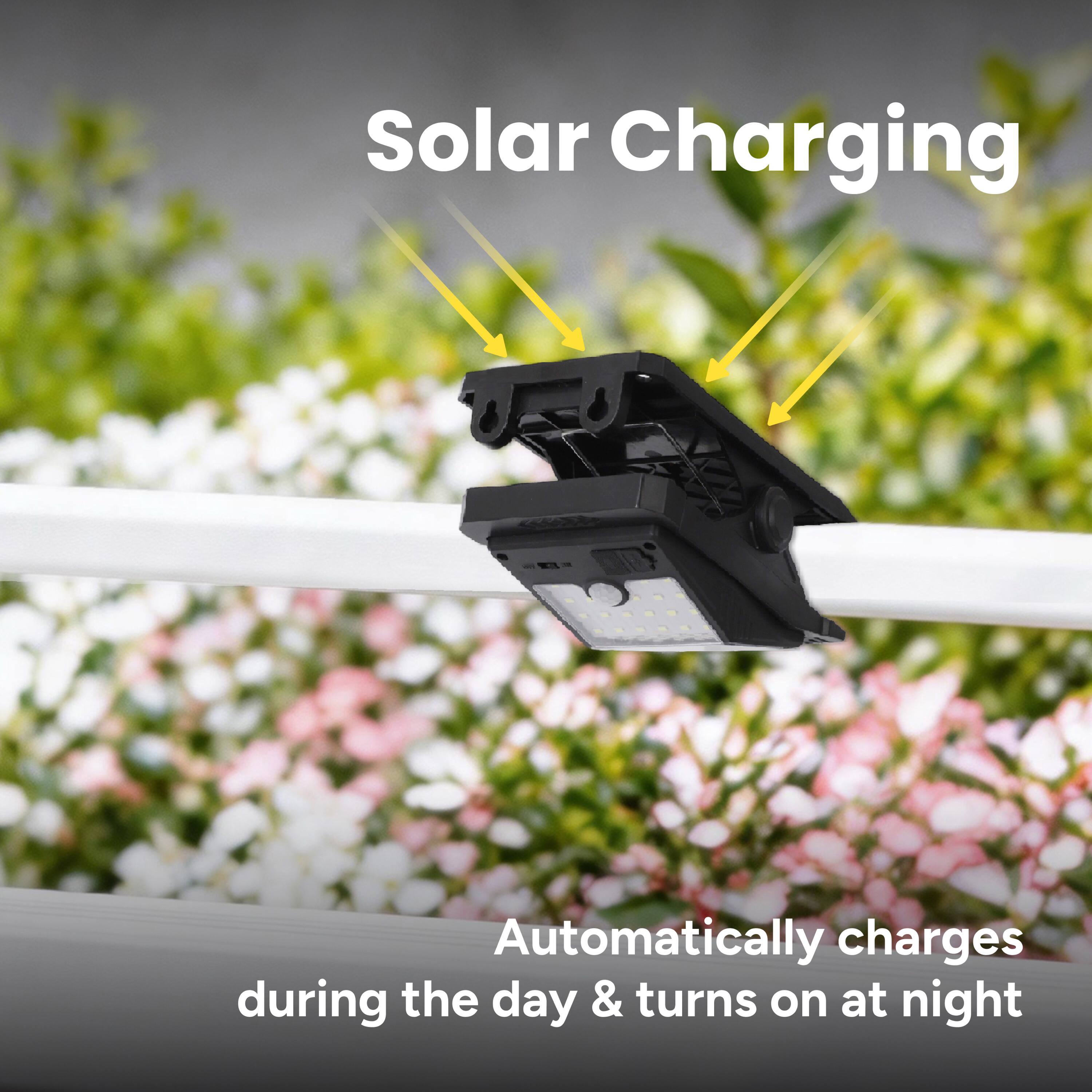 Solar Charging  
Automatically charges during the day & turns on at night