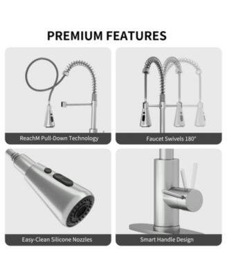 PREMIUM FEATURES

- ReachM Pull-Down Technology
- Faucet Swivels 180°
- Easy-Clean Silicone Nozzles
- Smart Handle Design