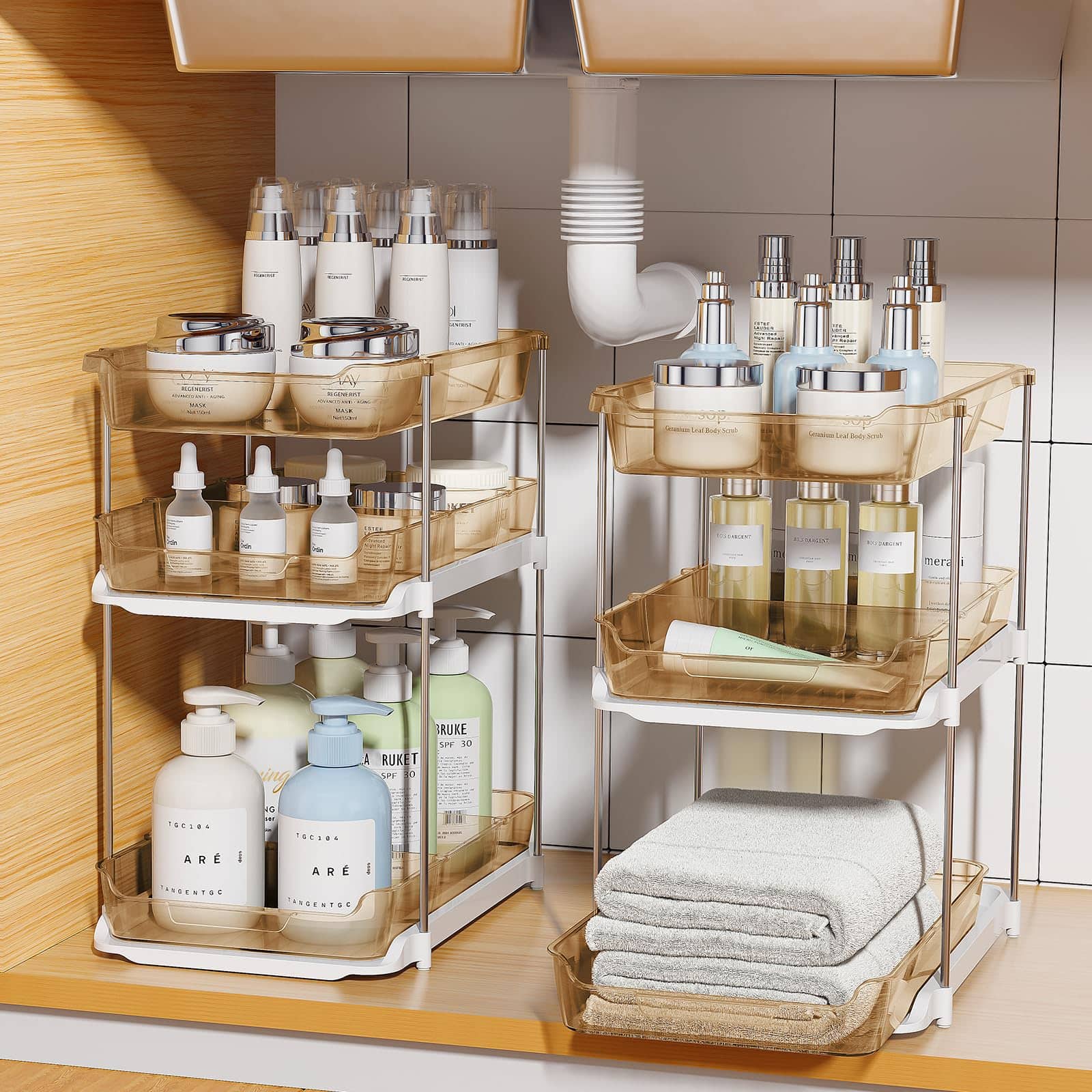 Reds Spade - Delamu 2 Sets of 3-Tier Bathroom Under Sink Organizers and Storage, Multi-Purpose Stackable Pantry Organiza - Amber 2 Pack 3-Tier