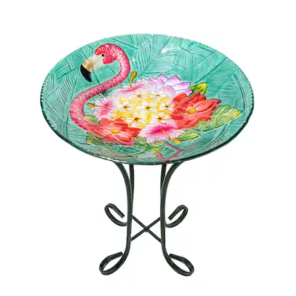 Front. Teamson Home - Teamson Home 17.8" Outdoor Handpainted Flamingo Glass Birdbath, Multi.
