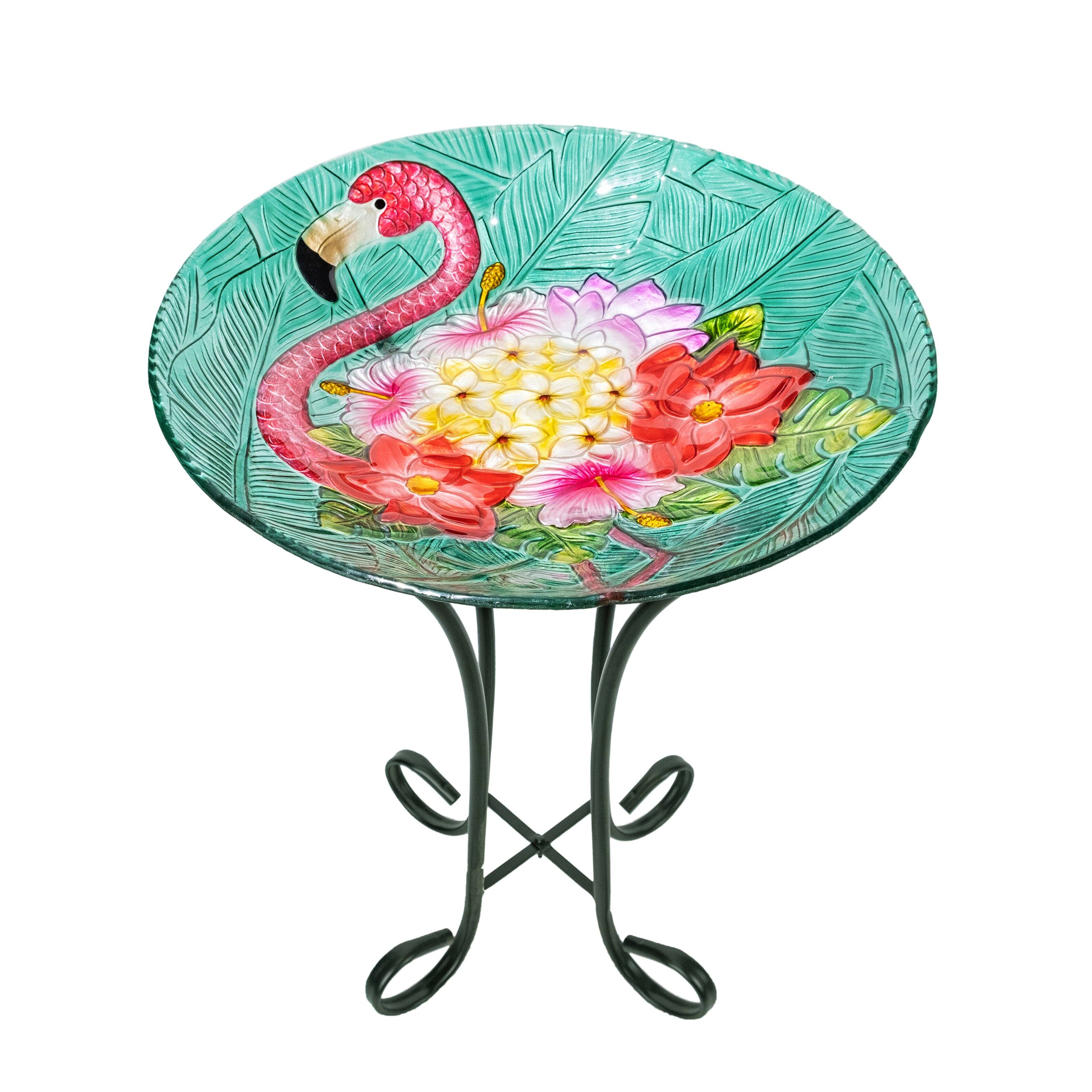Front. Teamson Home - Teamson Home 17.8" Outdoor Handpainted Flamingo Glass Birdbath, Multi.