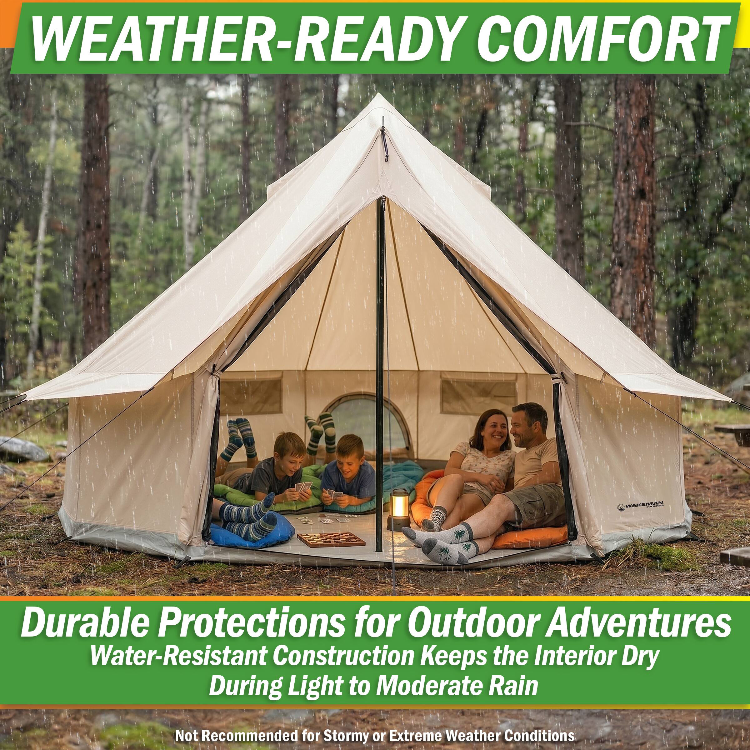 WEATHER-READY COMFORT

Durable Protections for Outdoor Adventures
Water-Resistant Construction Keeps the Interior Dry During Light to Moderate Rain
Not Recommended for Stormy or Extreme Weather Conditions