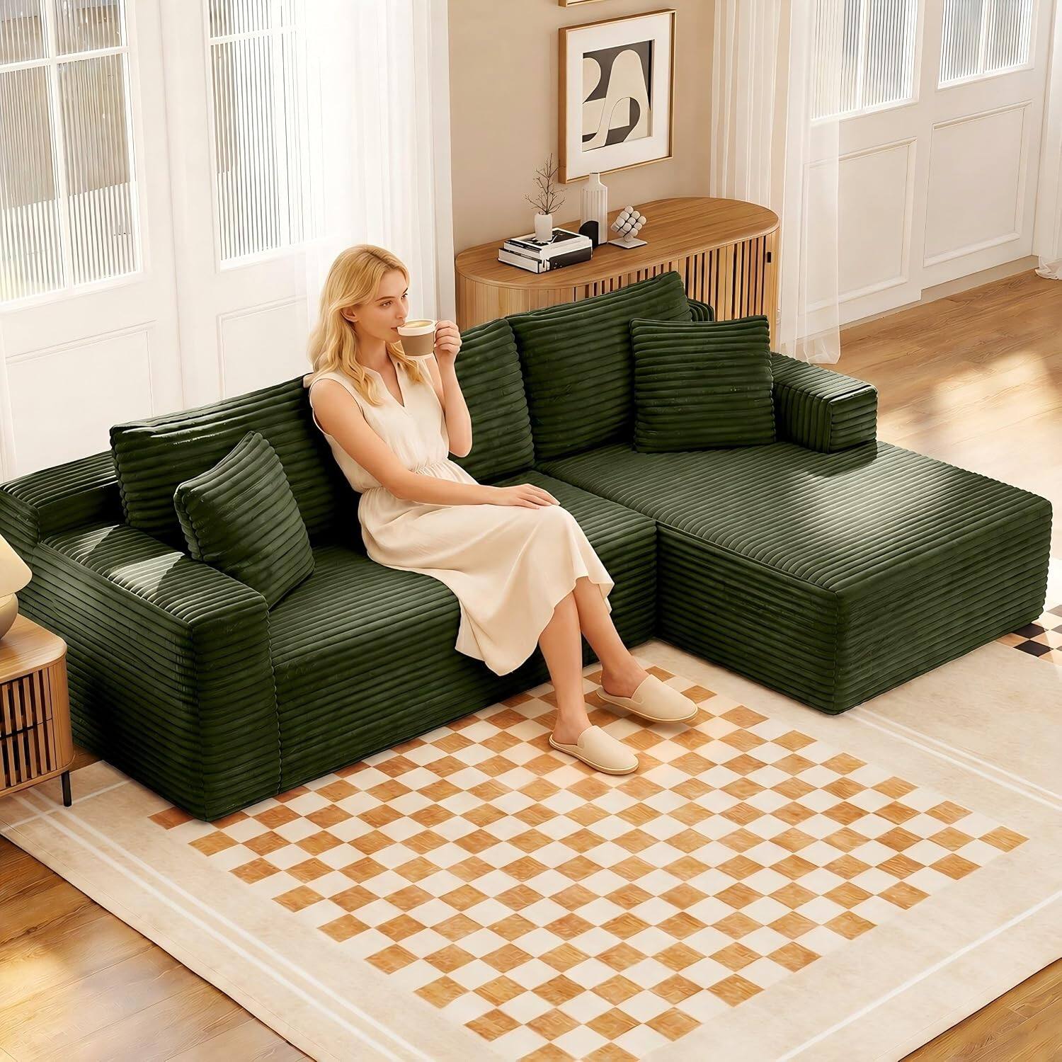 Angle. Anysun - 106.3" Modular Right Facing Cloud Combination Sofa – L-Shaped Living Room Sofa with Recliner, Modern Minimalist Design - Green.