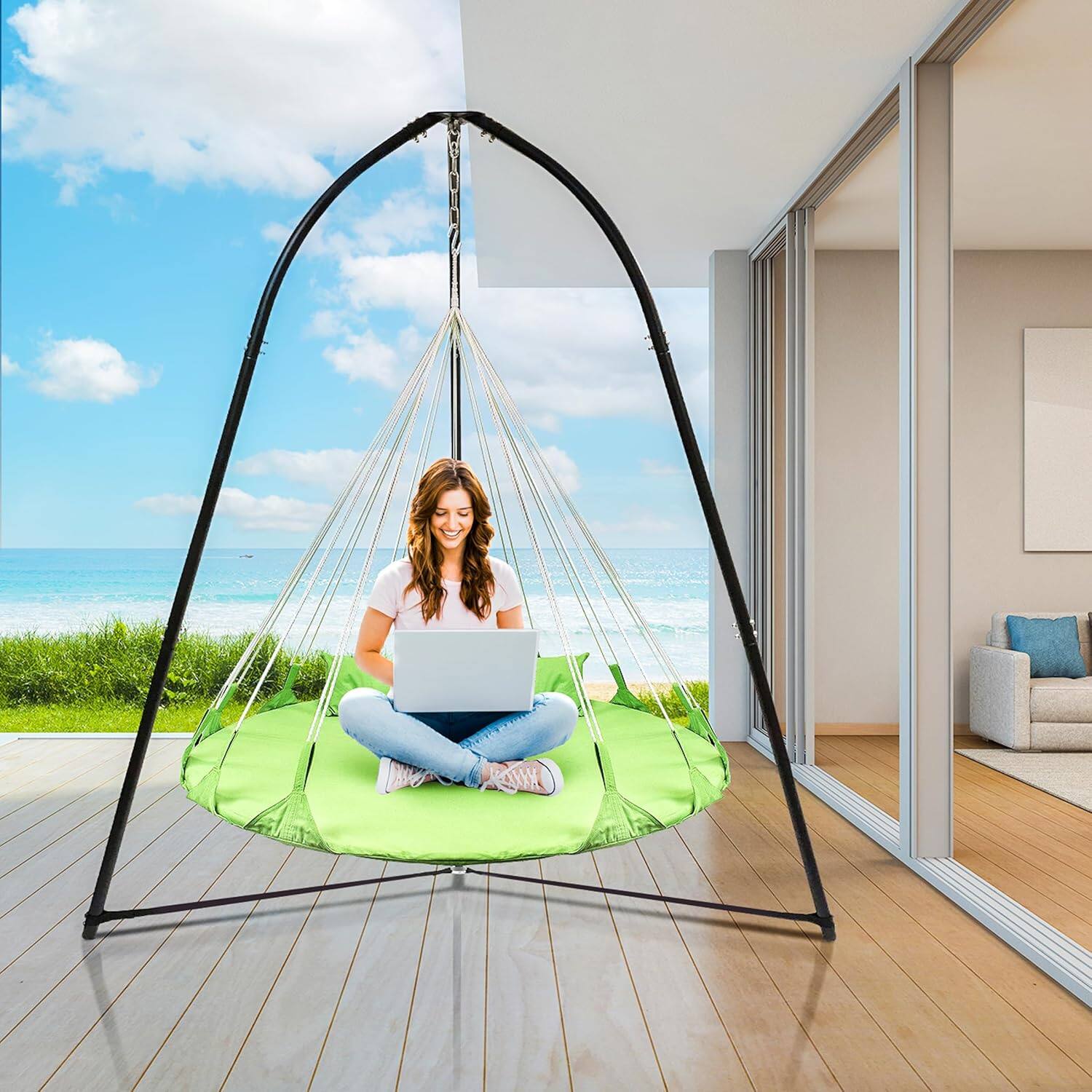 Left. Sorbus - orbus 56" Stylish Hanging Swing Nest - Premium Cotton Double Hammock Daybed Saucer Style Lounger Swing Chair- 264lbs - Green.