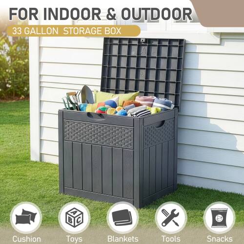 FOR INDOOR & OUTDOOR  
33 GALLON STORAGE BOX  
A B C  
Cushion  
Toys  
Blankets  
Tools  
Snacks