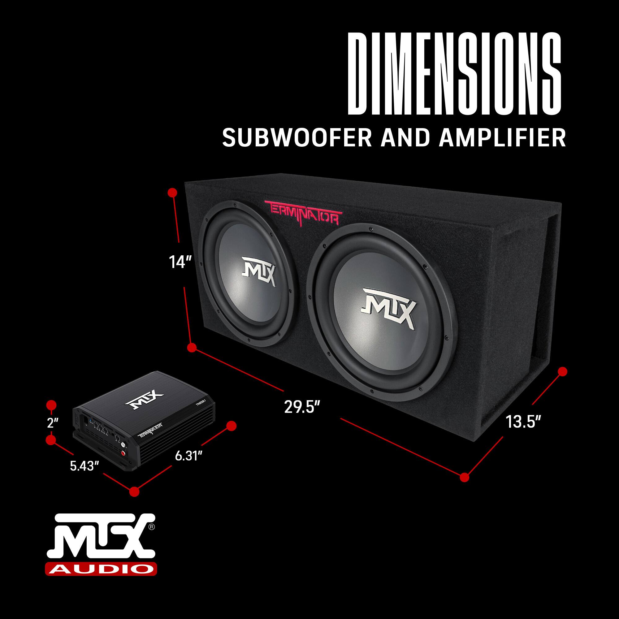 DIMENSIONS  
SUBWOOFER AND AMPLIFIER  

14"  
29.5"  
13.5"  
6.31"  
5.43"  
2"  

MX AUDIO