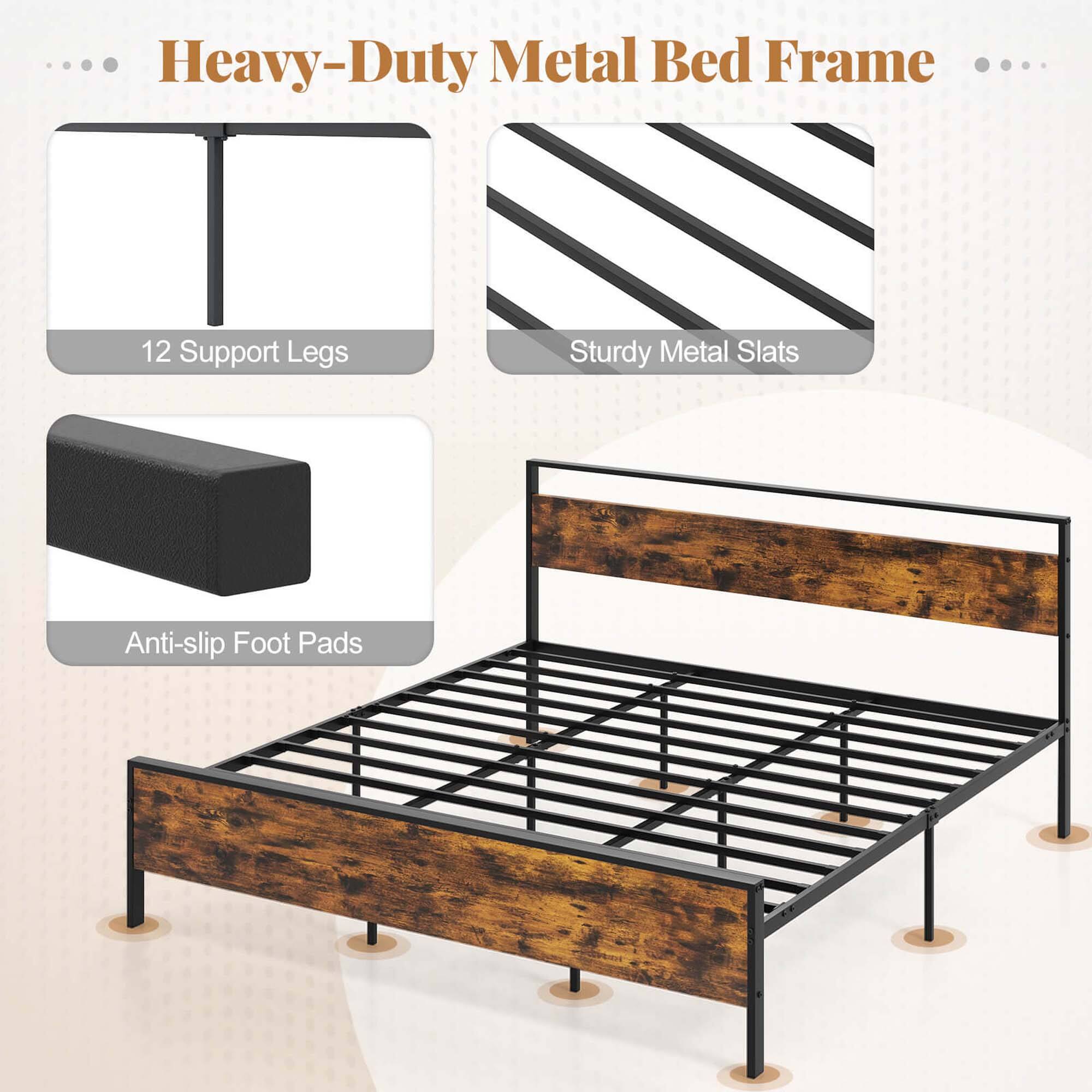 Heavy-Duty Metal Bed Frame 12 Support Legs Sturdy Metal Slats Anti-slip Foot Pads