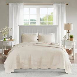 Hivvago - Full/Queen size 3-Piece Reversible Scalloped Edges Microfiber Quilt Set - Cream