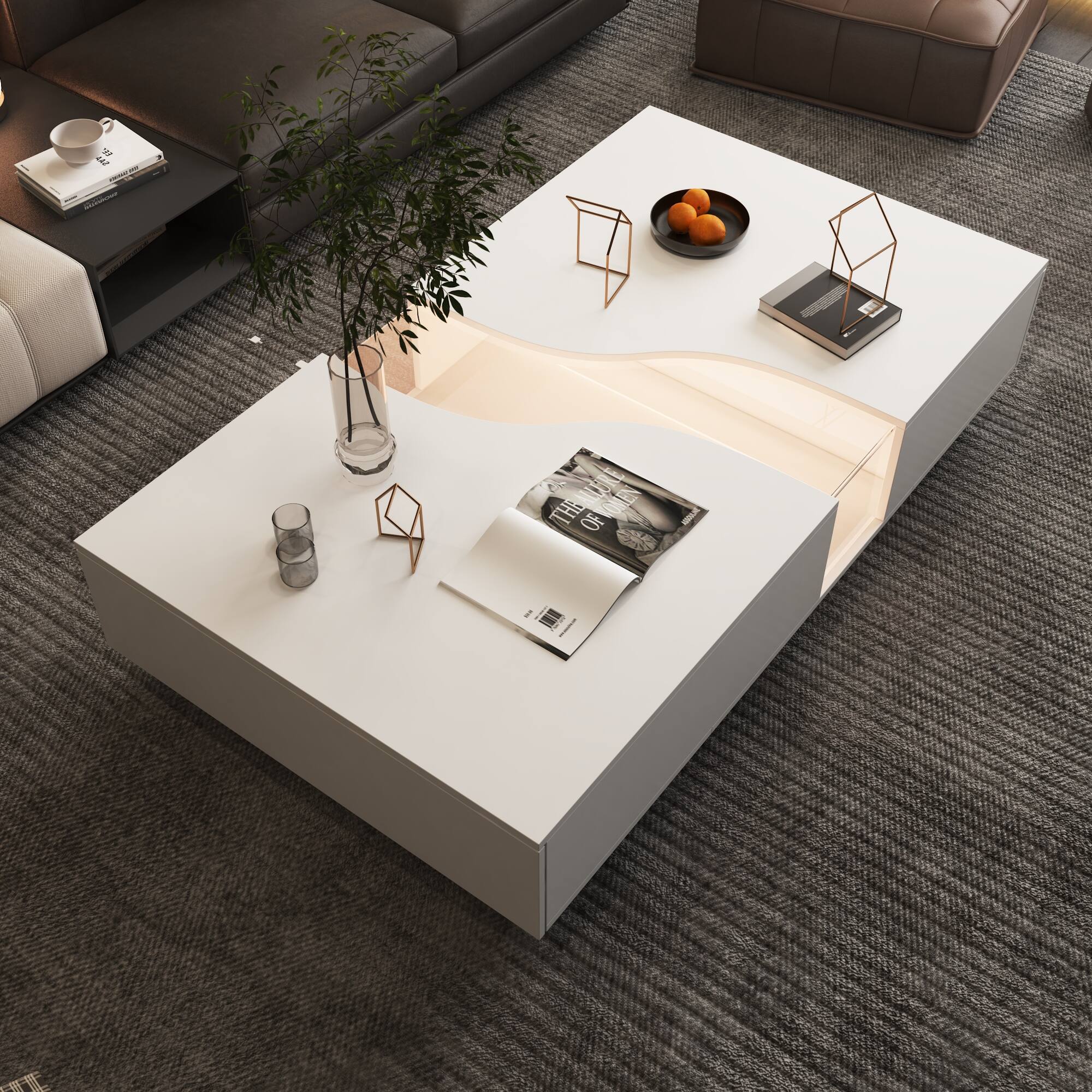 Alt View 2. FUFU & GAGA - Modern Irregular Coffee Table with LED Ambient Lighting, Hidden Drawers and Open Storage for Living Room - White.