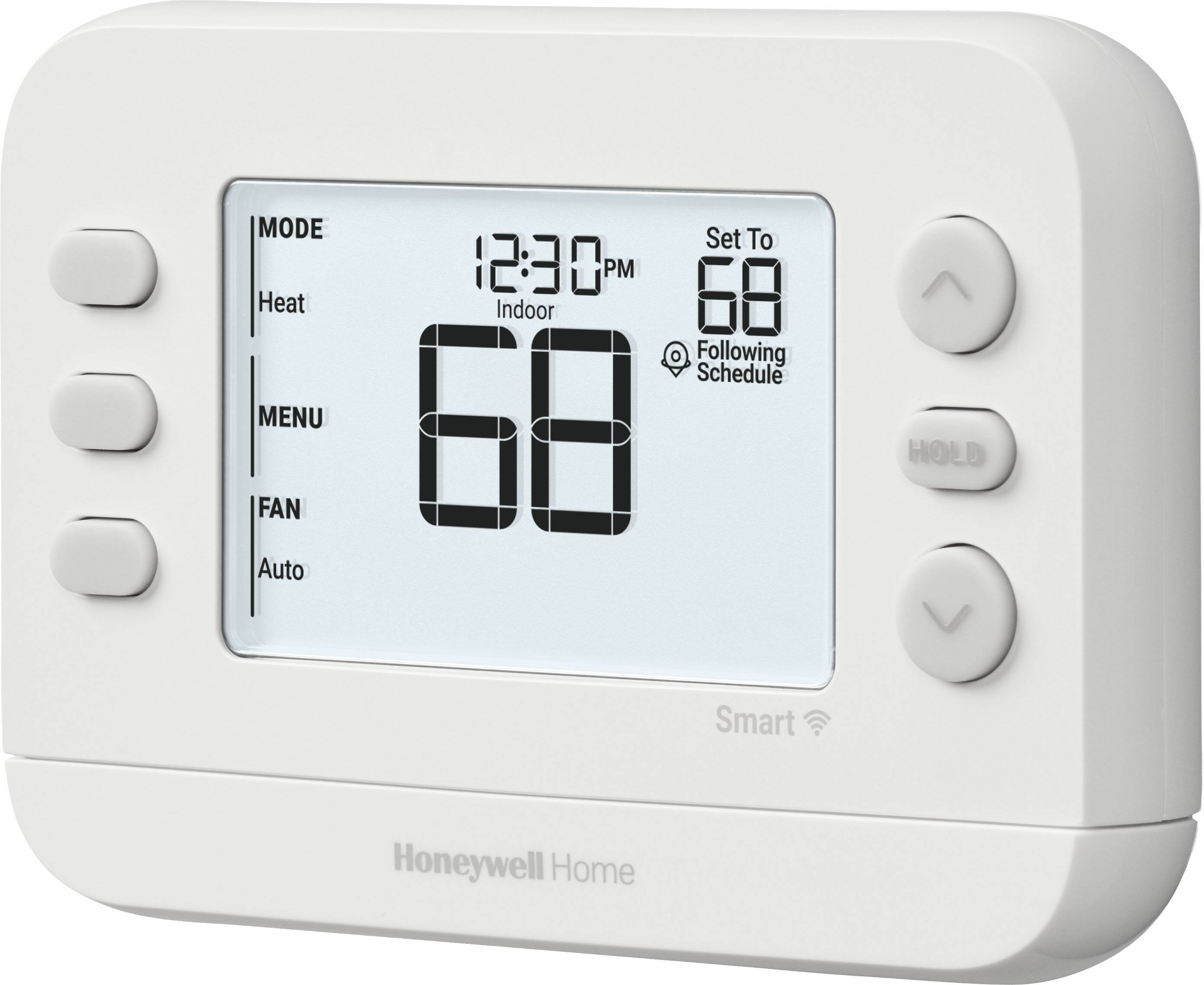 The image features a white Honeywell Home thermostat with a digital display. The display shows the current indoor temperature, which is set at 68 degrees. The thermostat is set to follow a schedule, and the time is set to 12:30 PM. The thermostat has a fan mode, and it is currently set to auto mode. The device also has a hold function, which can be used to maintain the current temperature.