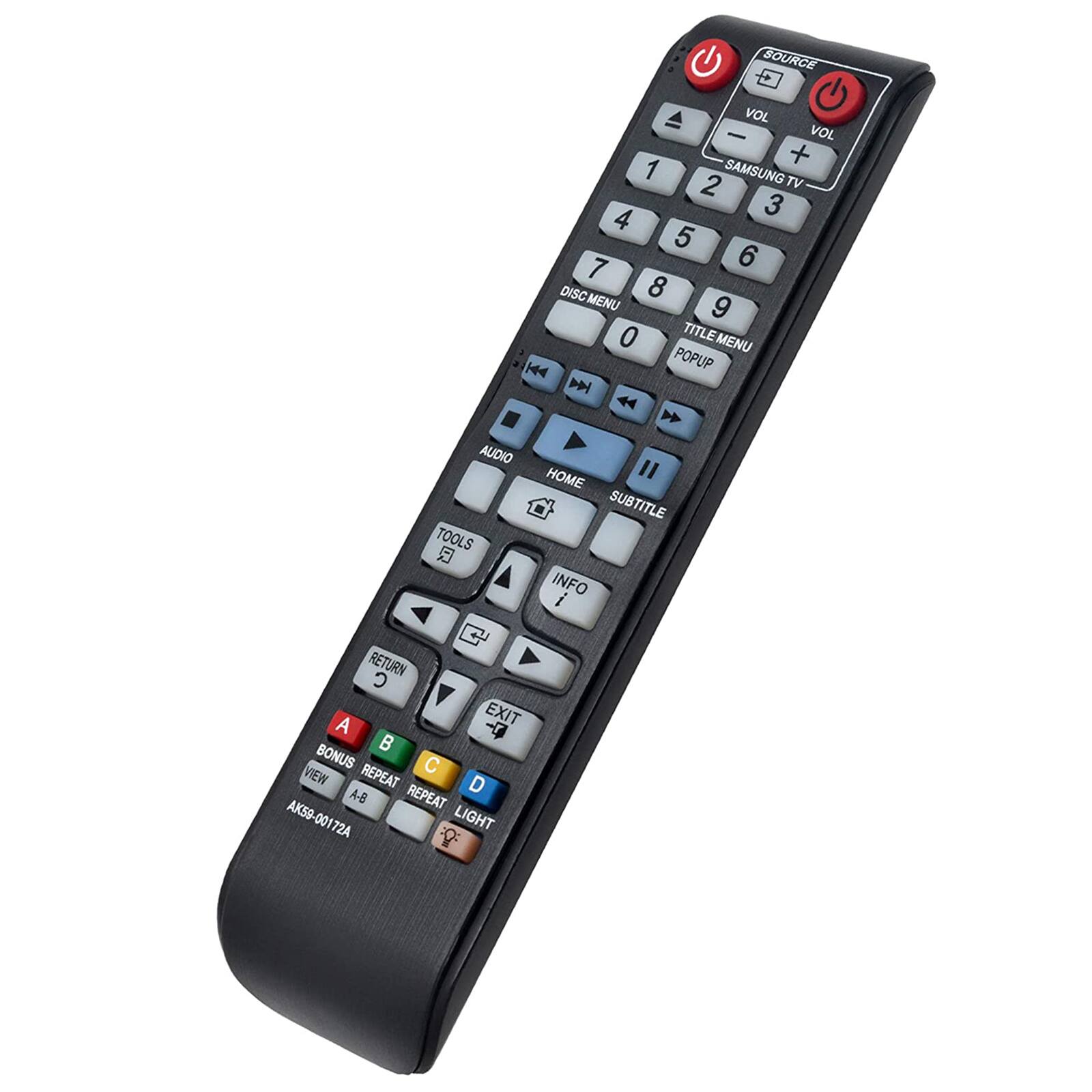 SOURCE VOL - VOL + 1 SAMSUNG TV 2 3 4 5 6 7 8 DISC MENU 9 0 TITLE MENU 144 POPUP 44 AUDIO HOME SUBTITLE TOOLS INFO RETURN C A EXIT BONUS C VIEW REPEAT D A-B REPEAT AK59 001 LIGHT 72A