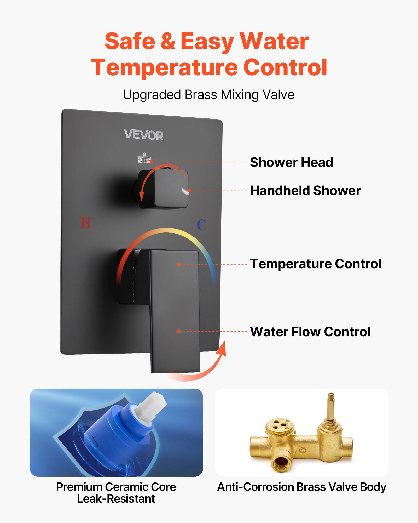 Safe & Easy Water Temperature Control, Upgraded Brass Mixing Valve, VEVOR, Shower Head, Handheld Shower, Temperature Control, Water Flow Control, Premium Ceramic Core Leak-Resistant, Anti-Corrosion Brass Valve Body