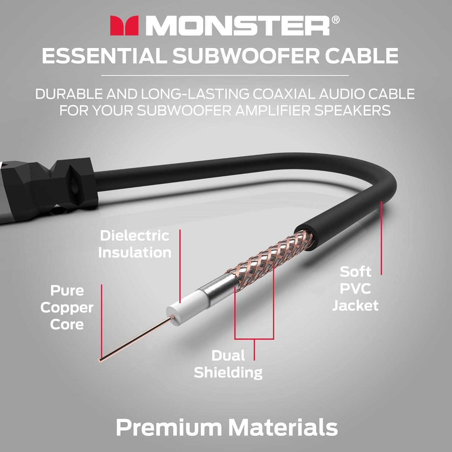MONSTER ESSENTIAL SUBWOOFER CABLE DURABLE AND LONG-LASTING COAXIAL AUDIO CABLE FOR YOUR SUBWOOFER AMPLIFIER SPEAKERS Dielectric Insulation Pure Copper Core Soft PVC Jacket Dual Shielding Premium Materials