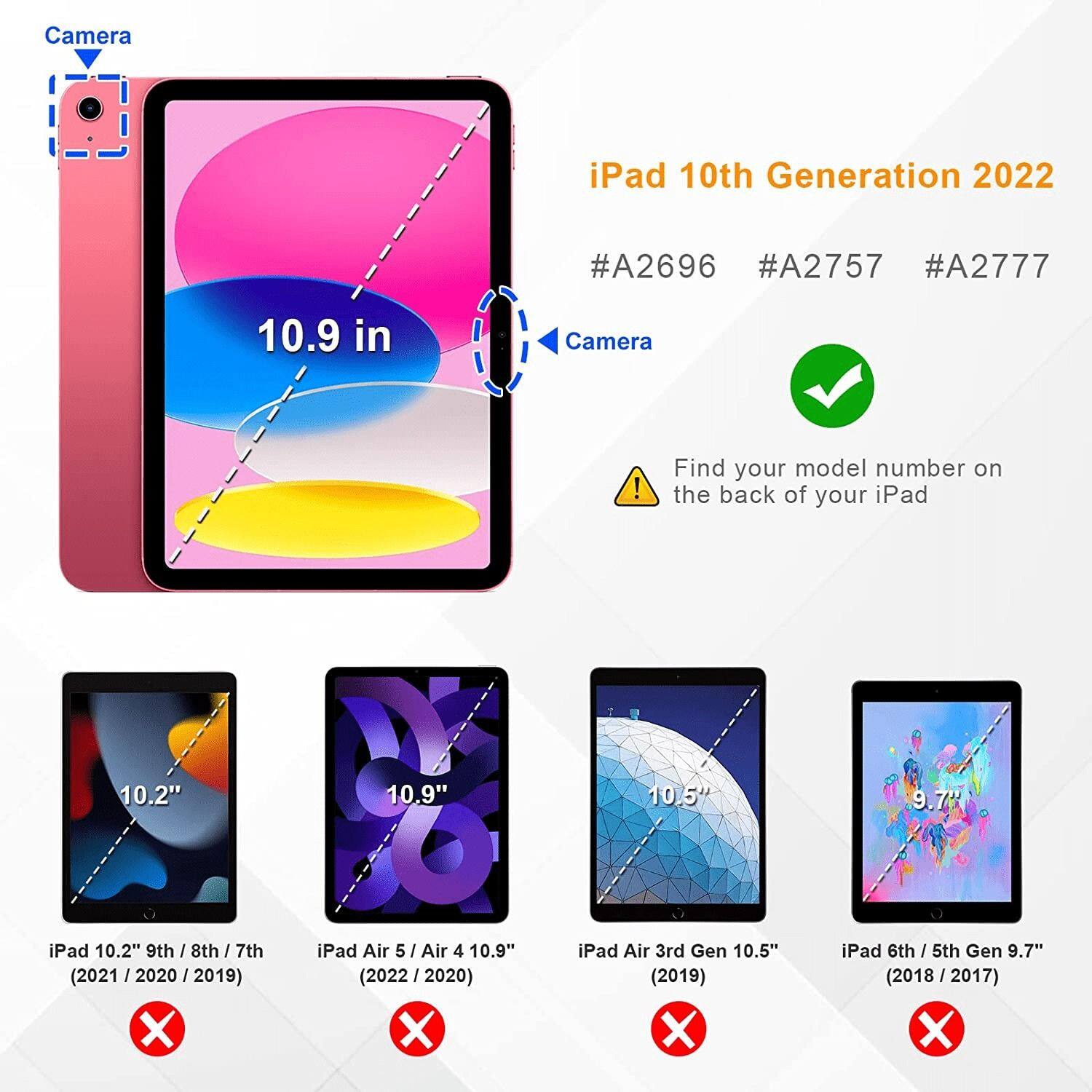 **iPad 10th Generation 2022**

- #A2696
- #A2757
- #A2777

**10.9 in**

**Camera**

Find your model number on the back of your iPad

---

**iPad 10.2" 9th / 8th / 7th (2021 / 2020 / 2019)**

**iPad Air 5 / Air 4 10.9" (2022 / 2020)**

**iPad Air 3rd Gen 10.5" (2019)**

**iPad 6th / 5th Gen 9.7" (2018 / 2017)**

---

**10.2"**

**10.9"**

**10.5"**

**9.7"**

---

**X**

**X**

**X**

**X**