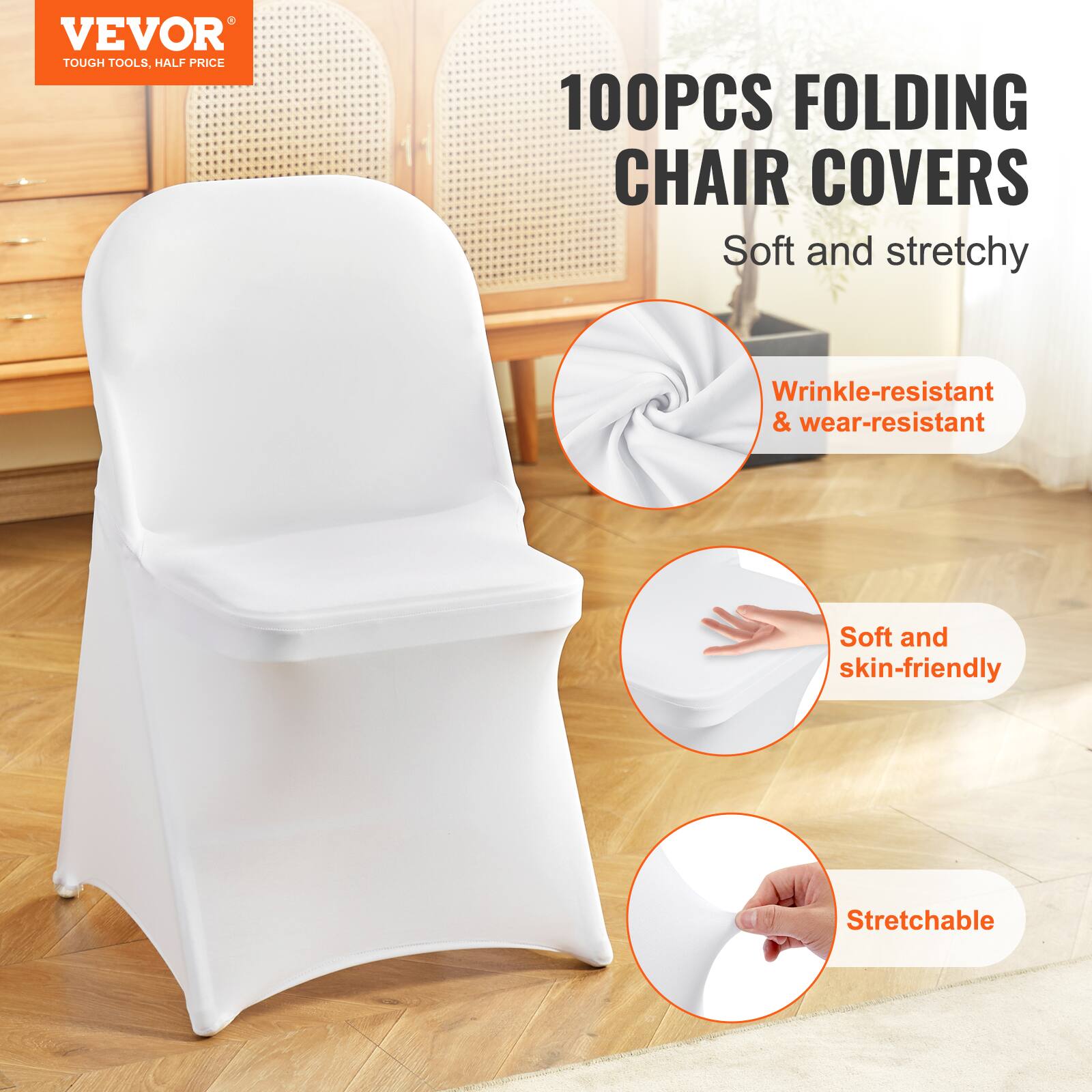 VEVOR TOUGH TOOLS, HALF PRICE 100PCS FOLDING CHAIR COVERS Soft and stretchy Wrinkle-resistant & wear-resistant Soft and skin-friendly Stretchable