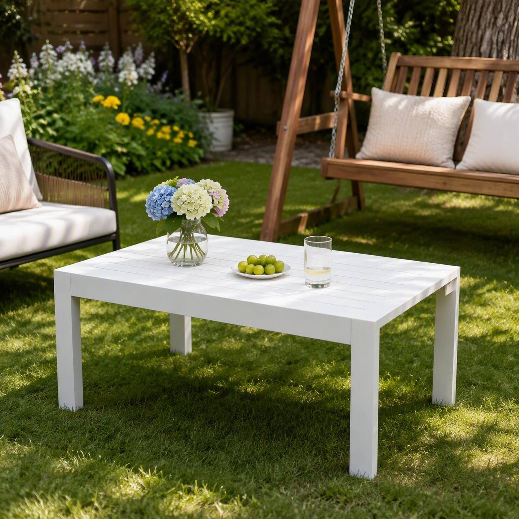 Alt View 2. RYHNUYNE - Modern 43" Outdoor Coffee Table in Matte White Aluminum,Outdoor Furniture for Deck Balcony Poolside and Porch - White.