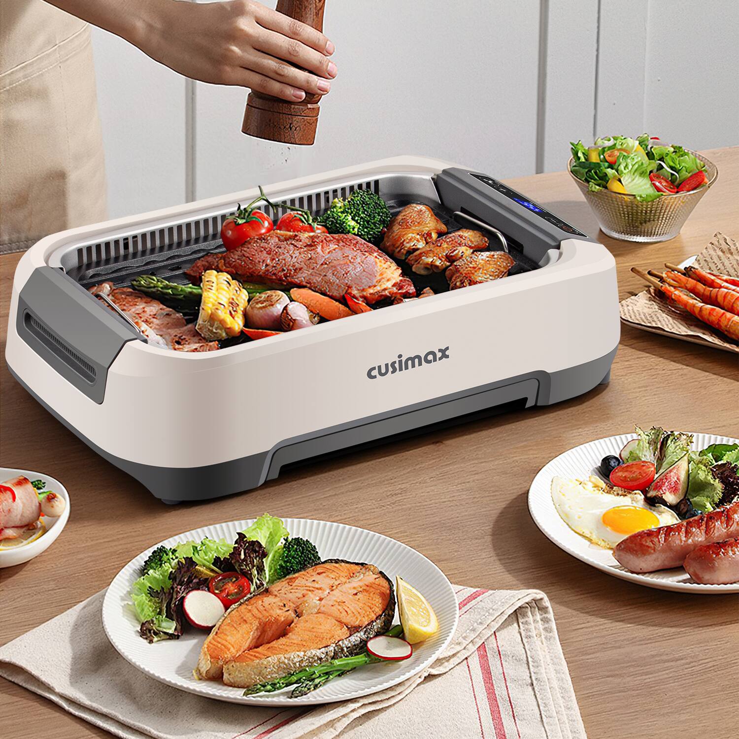 Angle. Cusimax - 1500W Smokeless Indoor Grill With LED Smart Display Nonstick Removable Plate Turbo Smoke Extractor For Home Apt - White.