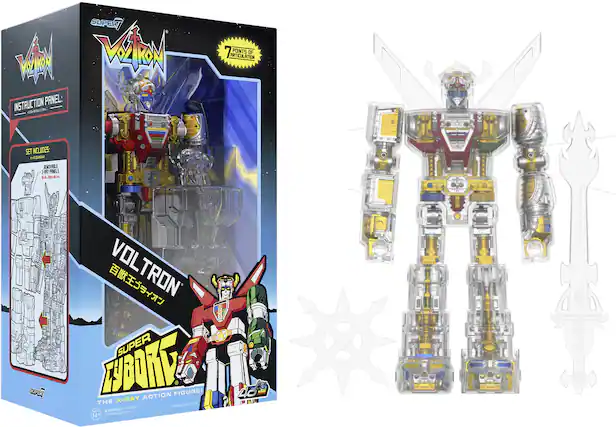 Sure, here is the corrected and grouped text from the image:
---
**Super Voltron**
**Instruction Panel:**
**Set Includes:**
- Removable Panels
**7 Points of Articulation**
**Voltron**
**Super Cyborg**
**The X-Ray Action Figure!**
**14+**
**Warning: Choking Hazard - Small Parts. Not for children under 3 years.**
**© 2014 Hasbro. © 1984 Takara Tomy.**
---
