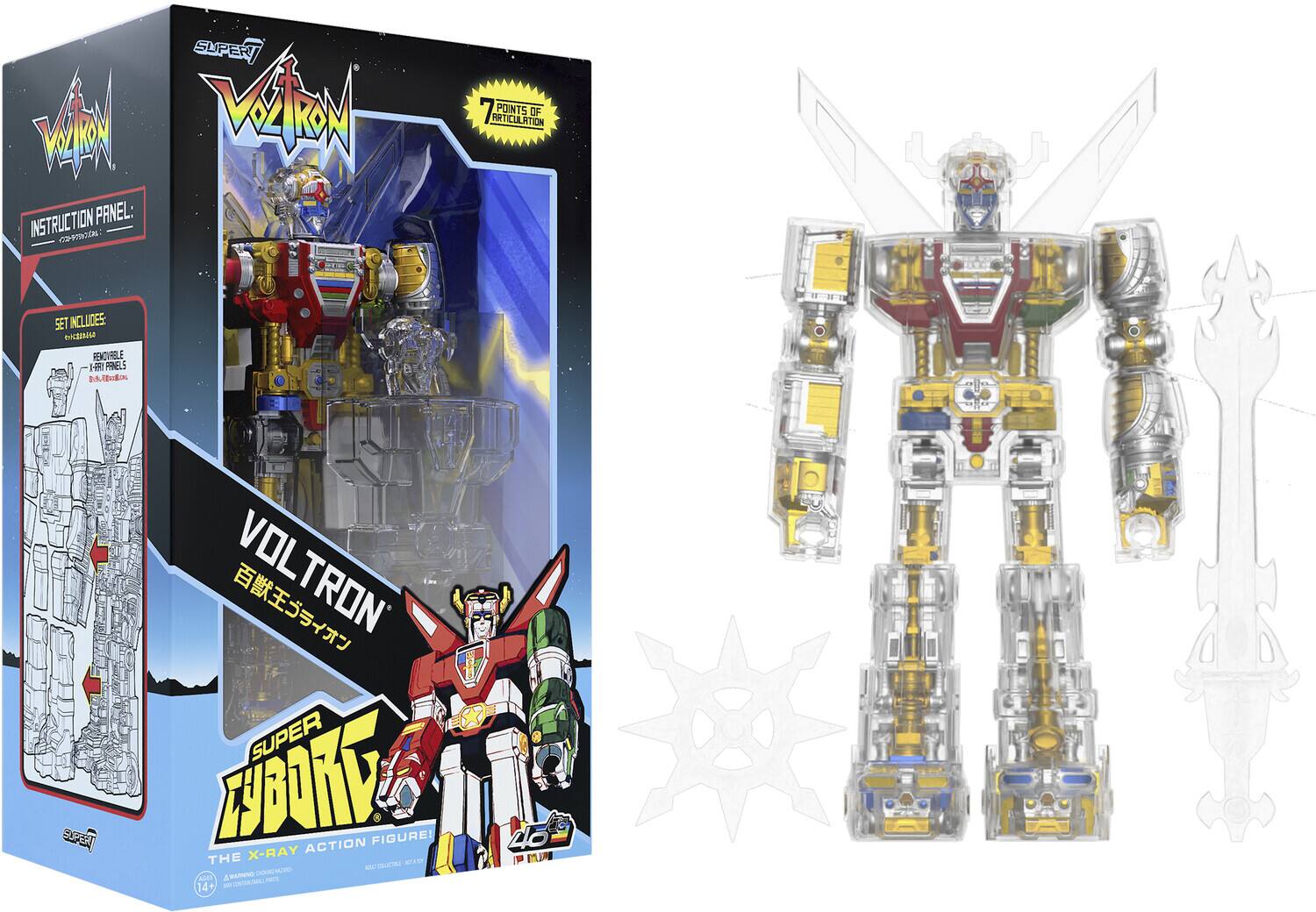 Sure, here is the corrected and grouped text from the image:

---

**Super Voltron**

**Instruction Panel:**

**Set Includes:**

- Removable Panels

**7 Points of Articulation**

**Voltron**

**Super Cyborg**

**The X-Ray Action Figure!**

**14+**

**Warning: Choking Hazard - Small Parts. Not for children under 3 years.**

**© 2014 Hasbro. © 1984 Takara Tomy.**

---