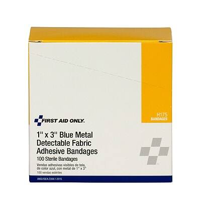 FIRST AID ONLY.

H175 BANDAGES

1" x 3" Blue Metal Detectable Fabric Adhesive Bandages

100 Sterile Bandages

Vendas adhesivas visibles de tela, de color azul, con metal detectable de 1" x 3"

100 vendas estériles

ANGELA 2001-1019