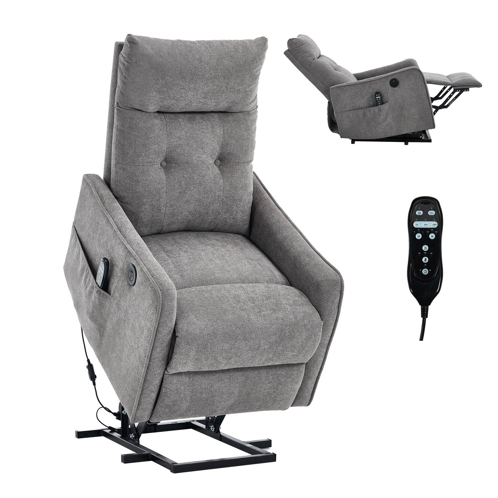Front. LUCKY ONE - Chenille Single Motor Power Lift Recliner Chair with Massage, Heat & USB Charging - Light Grey.