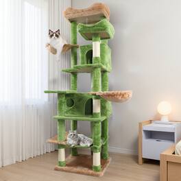 Siljoy - 68in Green Cat Tree Tower with 6 Levels, Removable Cushions, Cat Cave & Hanging Basket - Multi-Cat Activity Center