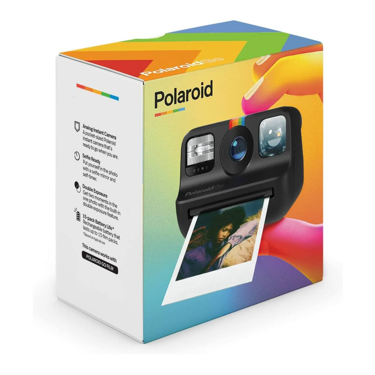 Polaroid

Analog Instant Camera  
A pocket-sized Polaroid instant camera that's ready to go where you are.

Selfie Ready  
Put yourself in the photo with a selfie mirror and self-timer.

Double Exposure  
Get two moments in one photo with the built-in double exposure feature.

15-pack Battery Life*  
Rechargeable battery that lasts up to 15 film packs.

This camera works with POLAROID GO FILM

*Based on typical use.