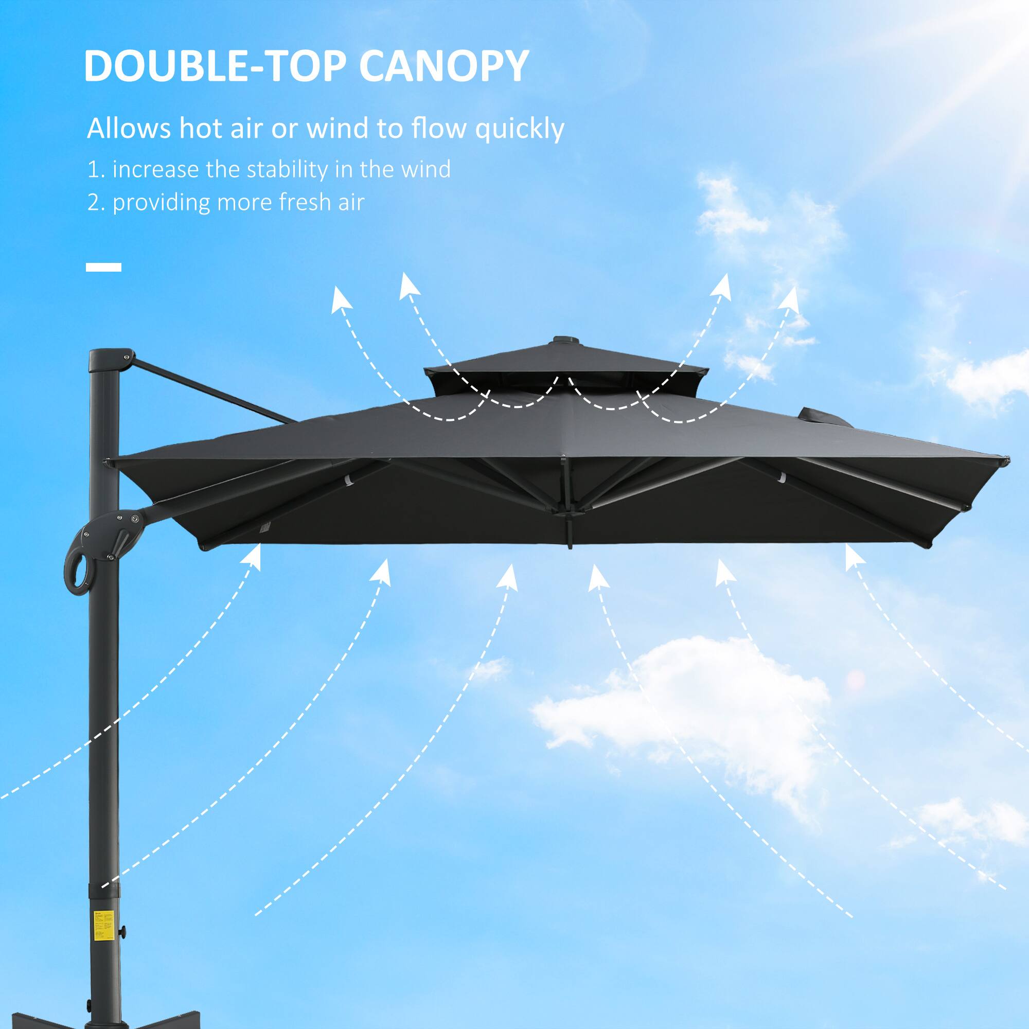 DOUBLE-TOP CANOPY  
Allows hot air or wind to flow quickly  
1. increase the stability in the wind  
2. providing more fresh air