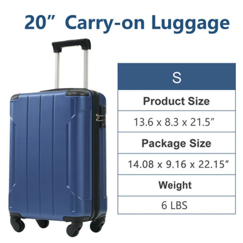 20" Carry-on Luggage  
S  
Product Size: 13.6 x 8.3 x 21.5"  
Package Size: 14.08 x 9.16 x 22.15"  
Weight: 6 LBS