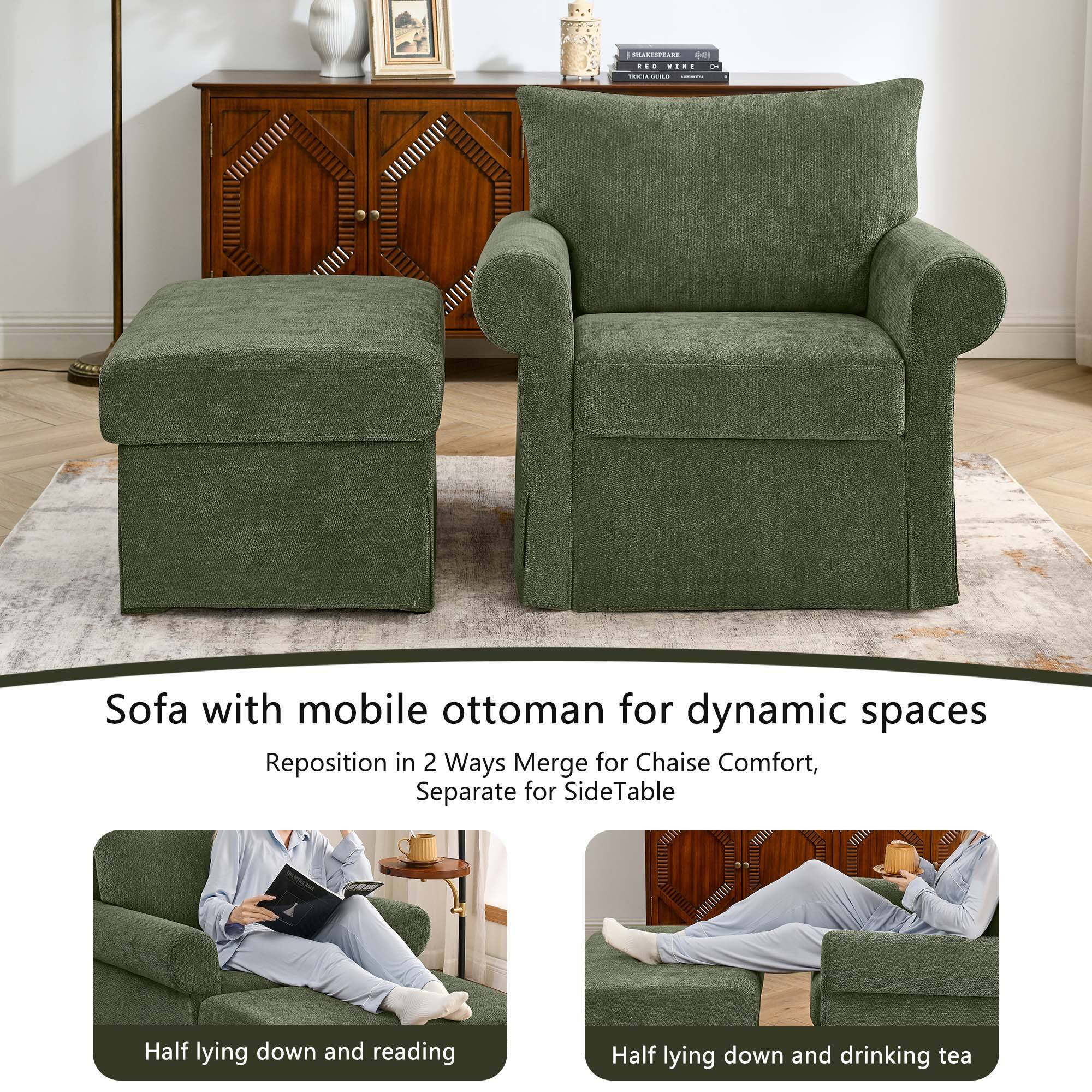 Sofa with mobile ottoman for dynamic spaces  
Reposition in 2 Ways Merge for Chaise Comfort, Separate for SideTable  
Half lying down and reading  
Half lying down and drinking tea
