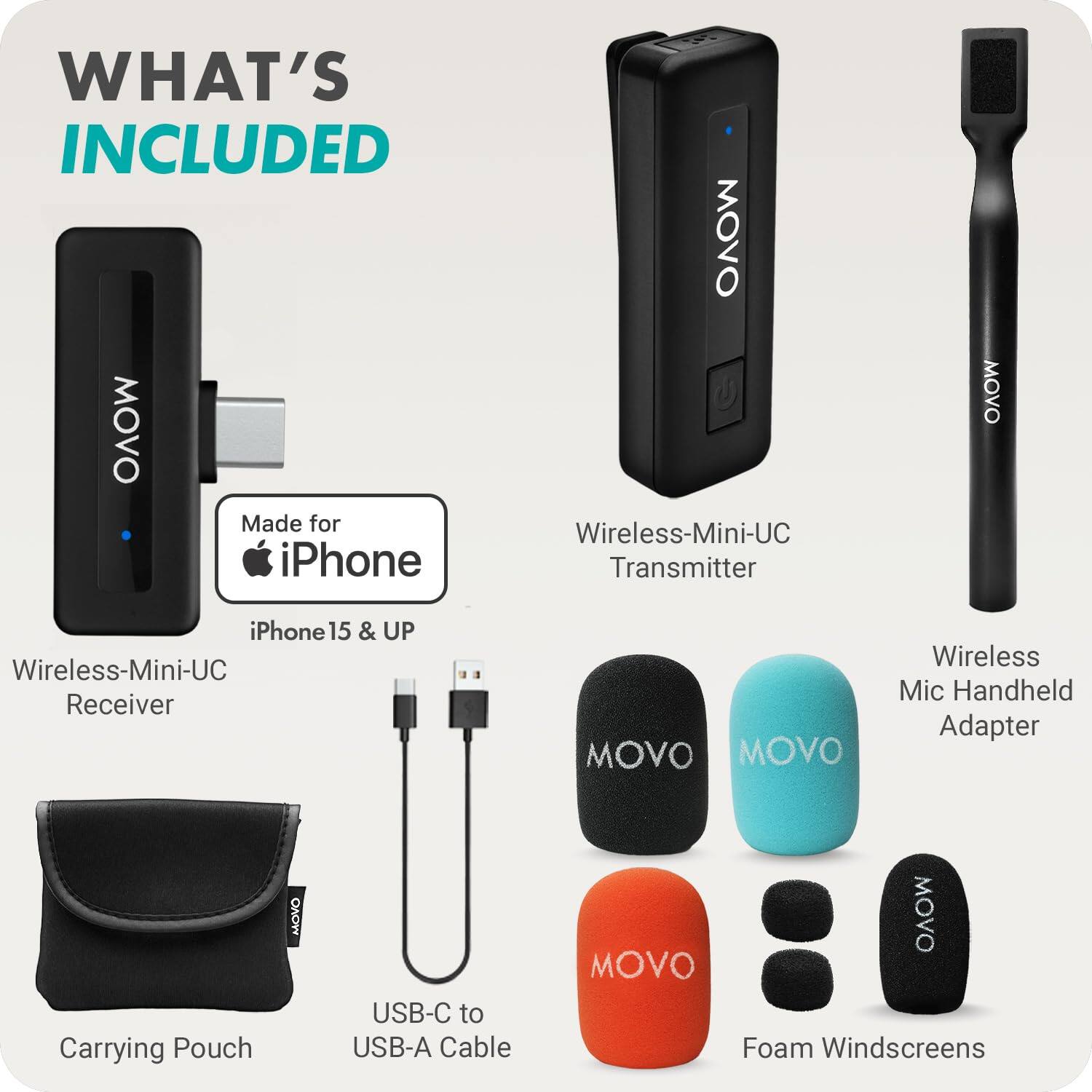 WHAT'S INCLUDED

- Made for iPhone
- iPhone 15 & UP
- Wireless-Mini-UC Transmitter
- Wireless-Mini-UC Receiver
- Wireless Mic Handheld Adapter
- Carrying Pouch
- USB-C to USB-A Cable
- Foam Windscreens
