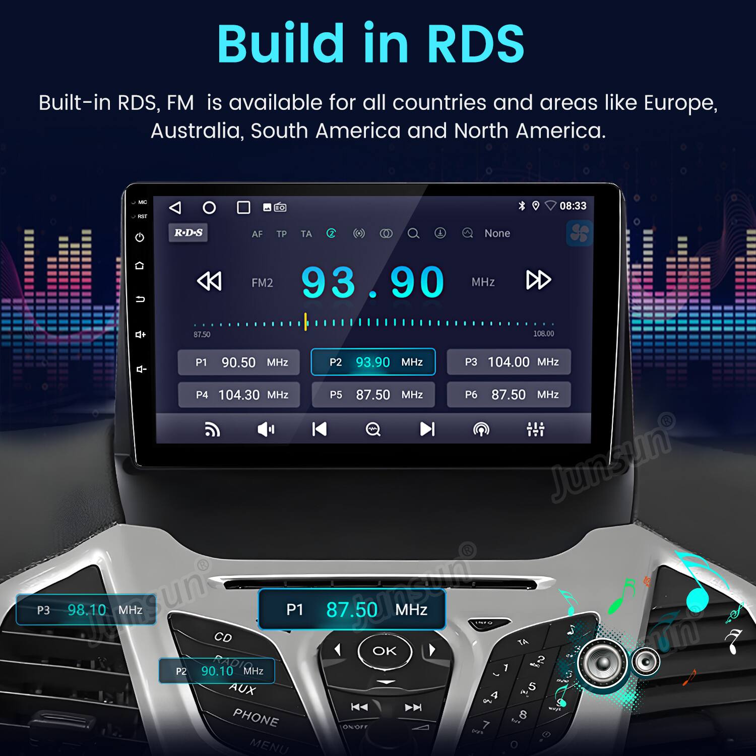Build in RDS  
Built-in RDS, FM is available for all countries and areas like Europe, Australia, South America and North America.  

- 10  
- 08:33  
- R-D-S  
- AF TP TA  
- A None  
- FM2 93.90 MHz  
- $7.50  
- 200.00  
- P1 90.50 MHz  
- P2 93.90 MHz  
- P3 104.00 MHz  
- P4 104.30 MHz  
- P5 87.50 MHz  
- P6 87.50 MHz  
- Junsun'  
- P3 gun 98.10 MHz  
- CD  
- P1 150M 87.50 MHz  
- 3 OK  
- KAD 2  
- 1  
- P2 90.10 MHz  
- 3 AUX  
- 5  
- 4  
- i K4 wa  
- PHONE  
- 8  
- 7  
- t ONOFF  
- m2n  
-