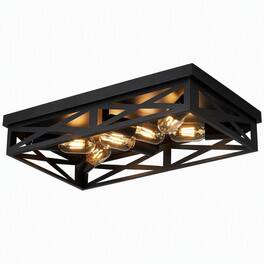 RYHNUYNE - 6-Light Matte Black Industrial Farmhouse Square Flush Mount Ceiling Light with Geometric Iron Cage