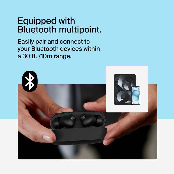 Equipped with Bluetooth multipoint. Easily pair and connect to your Bluetooth devices within a 30 ft. /10m range.