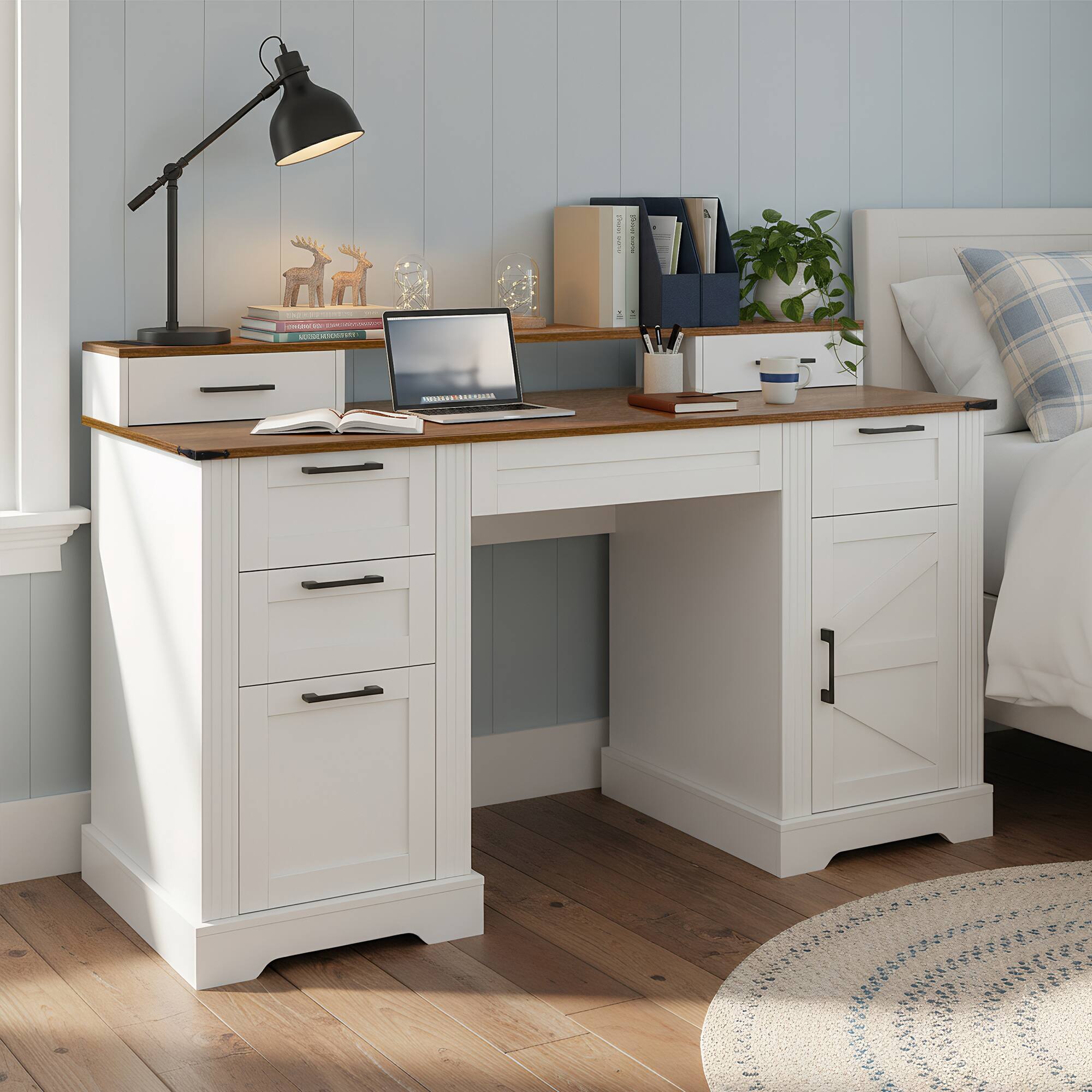 Back. TinyHomie - 59INCH Farmhouse Office Desk Charging Station Storage Cabinet Barn Door Design Study Desk File Drawer White - White.