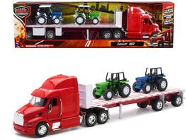 New Ray - Peterbilt 387 Flatbed Truck Red with 2 Farm Tractors Blue and Green "Long Haul Trucker" Series 1/32 - Blue, Green, Red