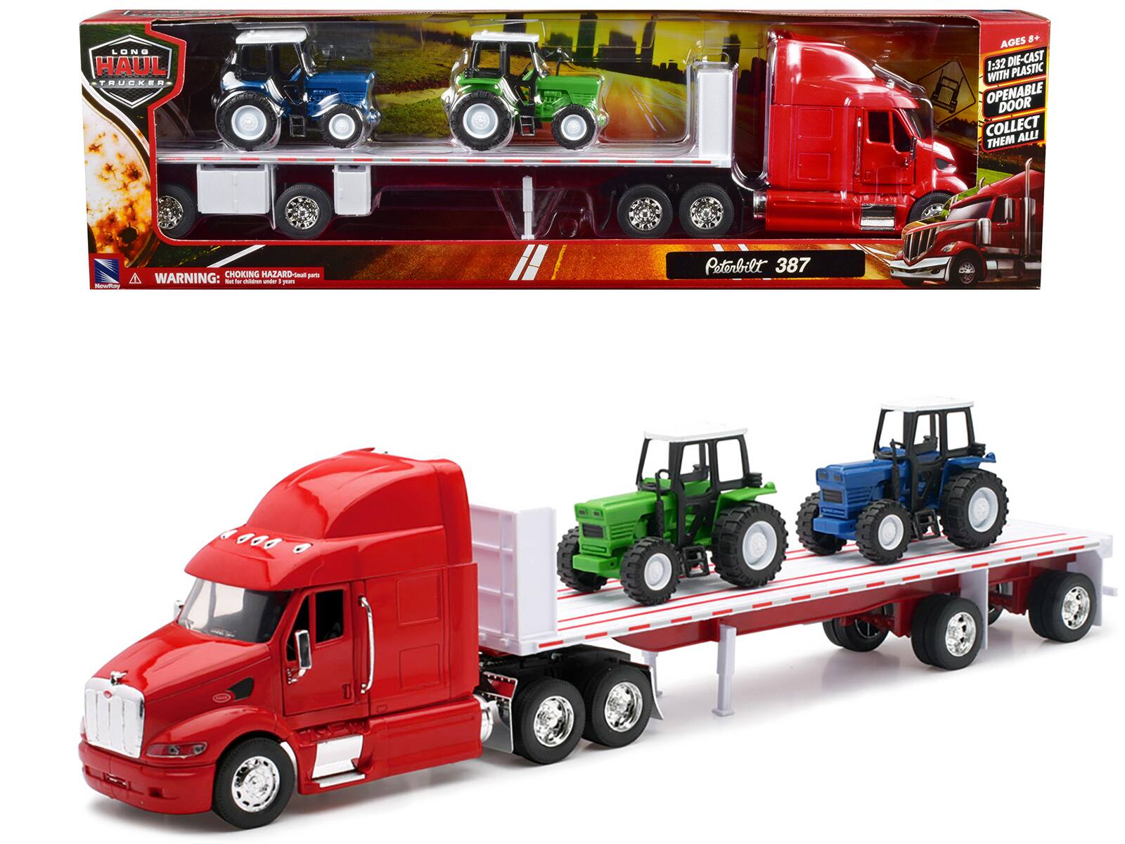 LONG HAUL TRUCKER

AGES 5+  
1:32 DIE-CAST WITH PLASTIC OPENABLE DOOR  
COLLECT THEM ALL!

WARNING: CHOKING HAZARD - Small parts. Not for children under 3 years.

Peterbilt 387