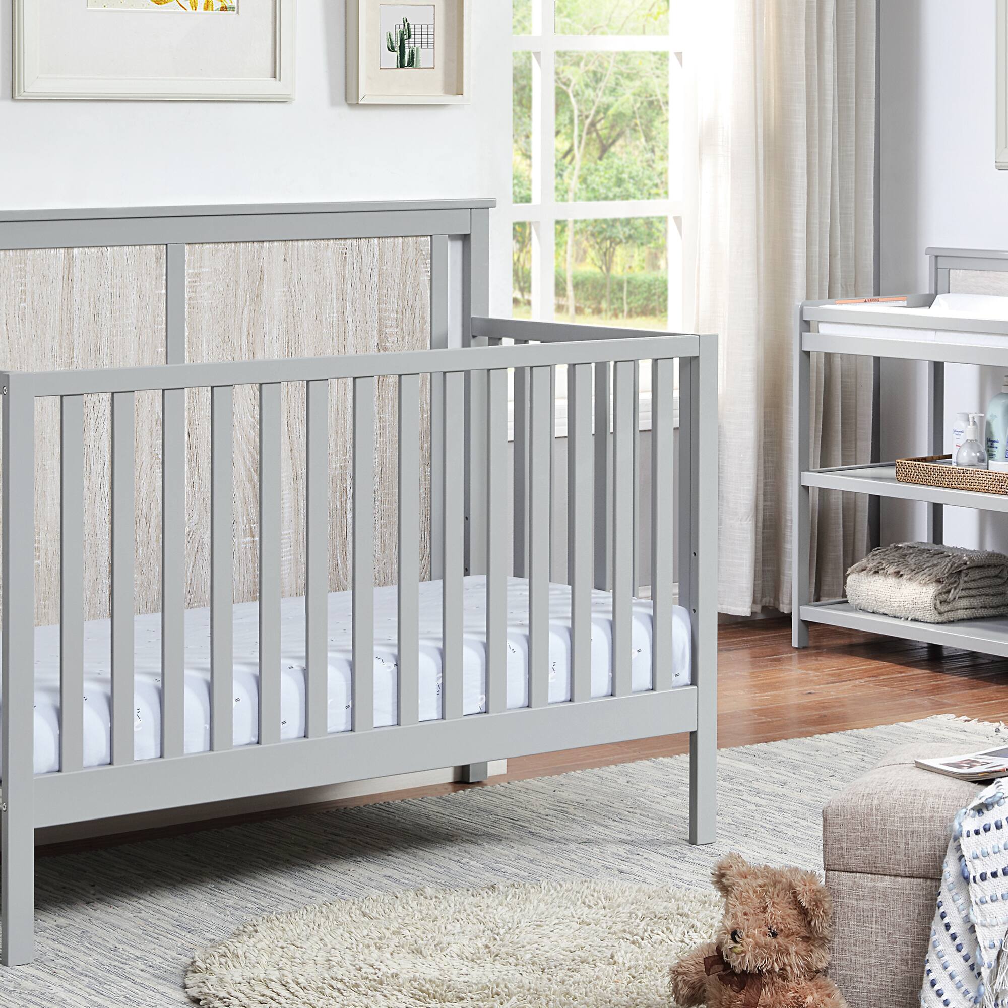 Back. GOODSILO - Modern Wooden Baby Changing Table with Safety Rails and Dual Storage Shelves for Nursery Organization - Grey.