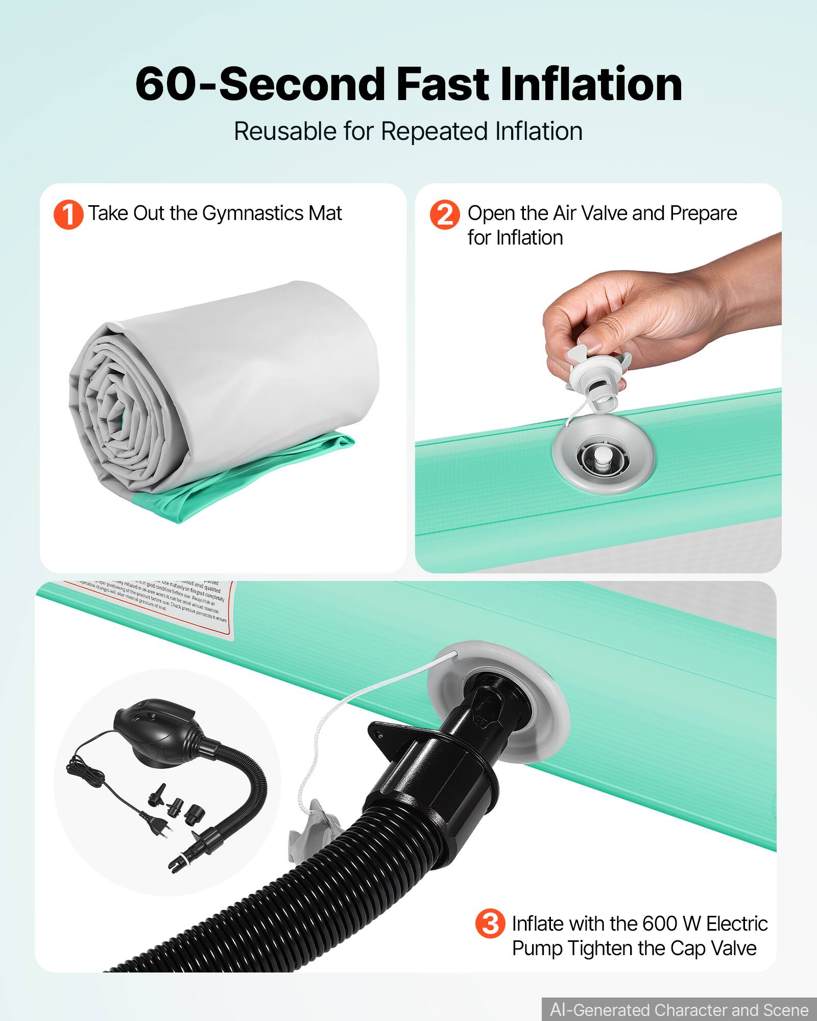 60-Second Fast Inflation  
Reusable for Repeated Inflation  

1. Take Out the Gymnastics Mat  
2. Open the Air Valve and Prepare for Inflation  
3. Inflate with the 600 W Electric Pump Tighten the Cap Valve  

AI-Generated Character and Scene