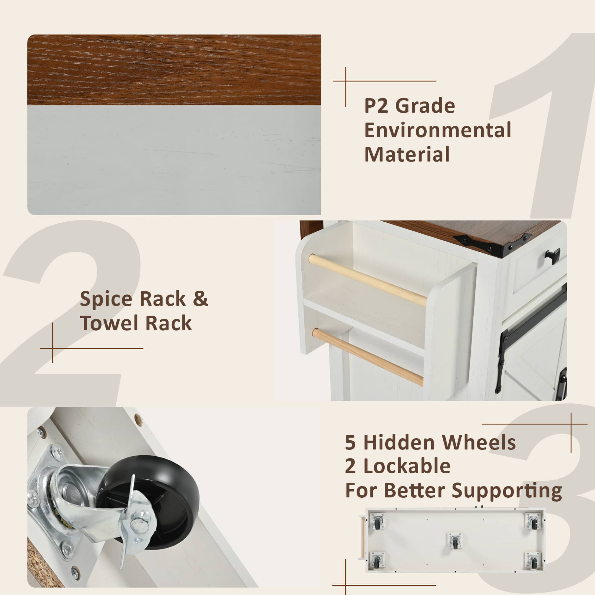 Spice Rack & Towel Rack
P2 Grade Environmental Material
5 Hidden Wheels
2 Lockable
For Better Supporting