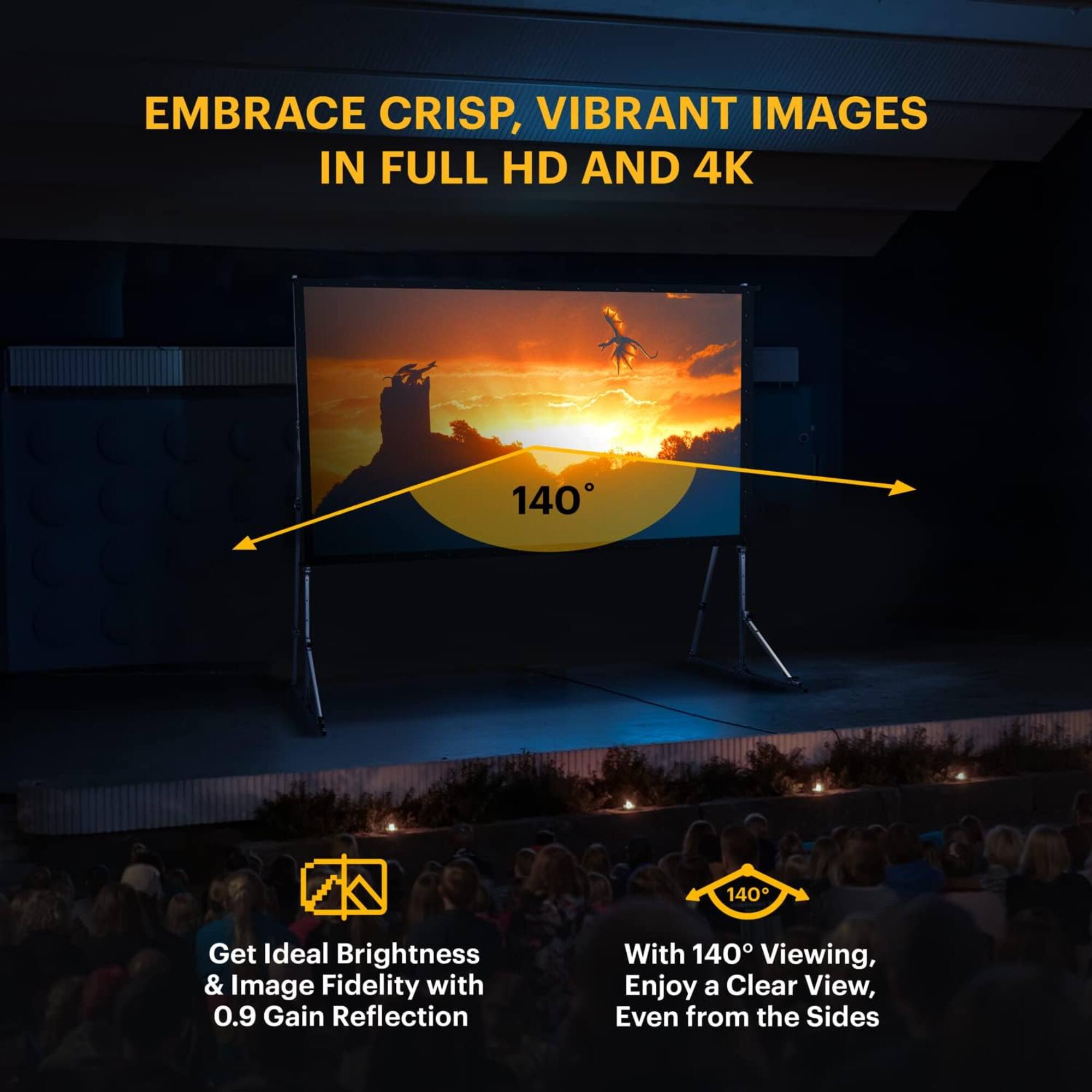 EMBRACE CRISP, VIBRANT IMAGES IN FULL HD AND 4K

140

Get Ideal Brightness & Image Fidelity with 0.9 Gain Reflection

140

With 140° Viewing, Enjoy a Clear View, Even from the Sides
