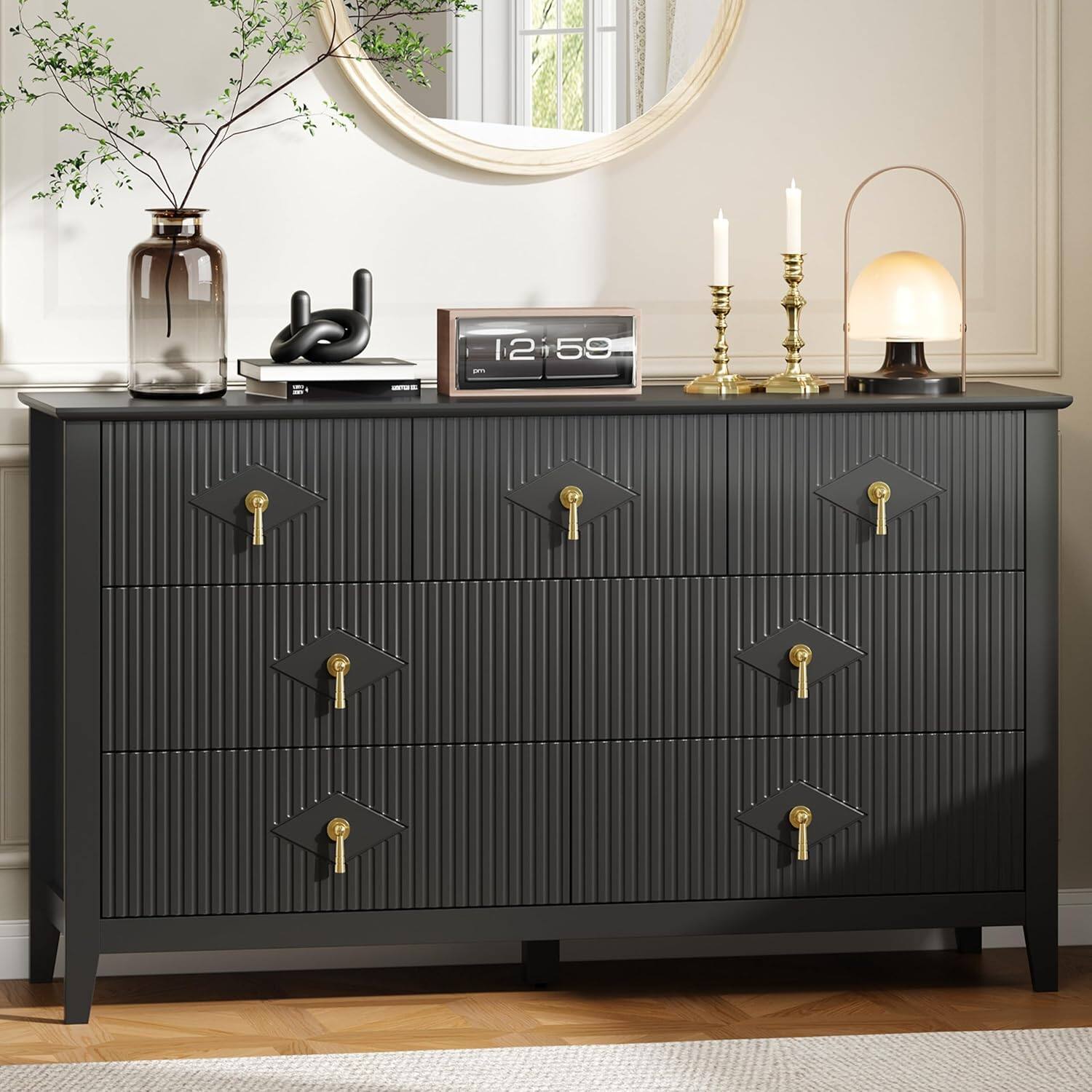 Front. GARVEE - Modern Dresser for Bedroom, 54" Wide 7-Drawer Chest, Wood Storage Dresser with Fluted Design, TV Stand and Organizer - Black.