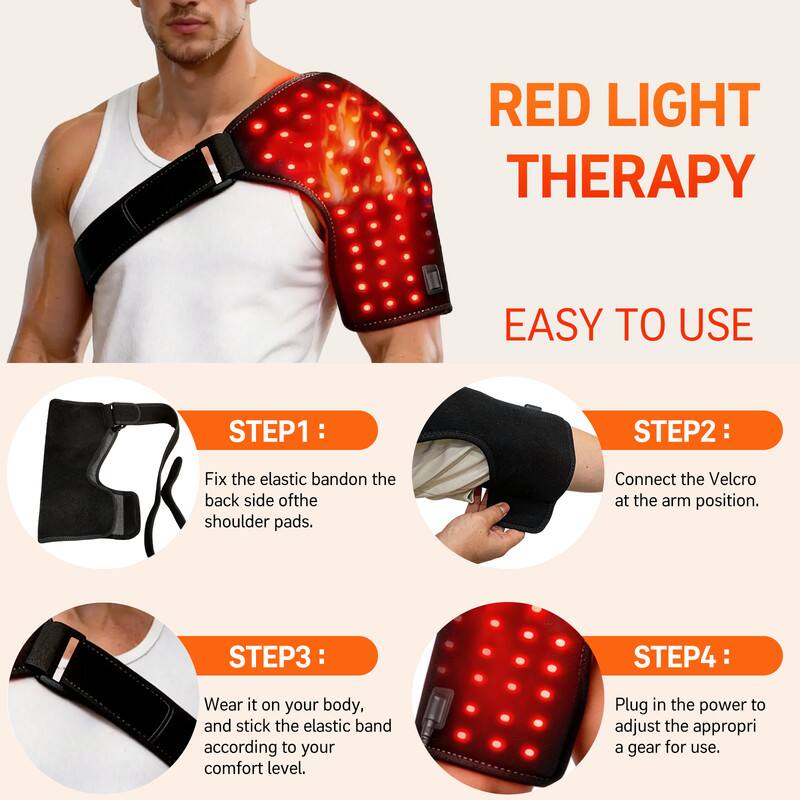 RED LIGHT THERAPY EASY TO USE

STEP1: Fix the elastic band on the back side of the shoulder pads.

STEP2: Connect the Velcro at the arm position.

STEP3: Wear it on your body, and stick the elastic band according to your comfort level.

STEP4: Plug in the power to adjust the appropriate gear for use.