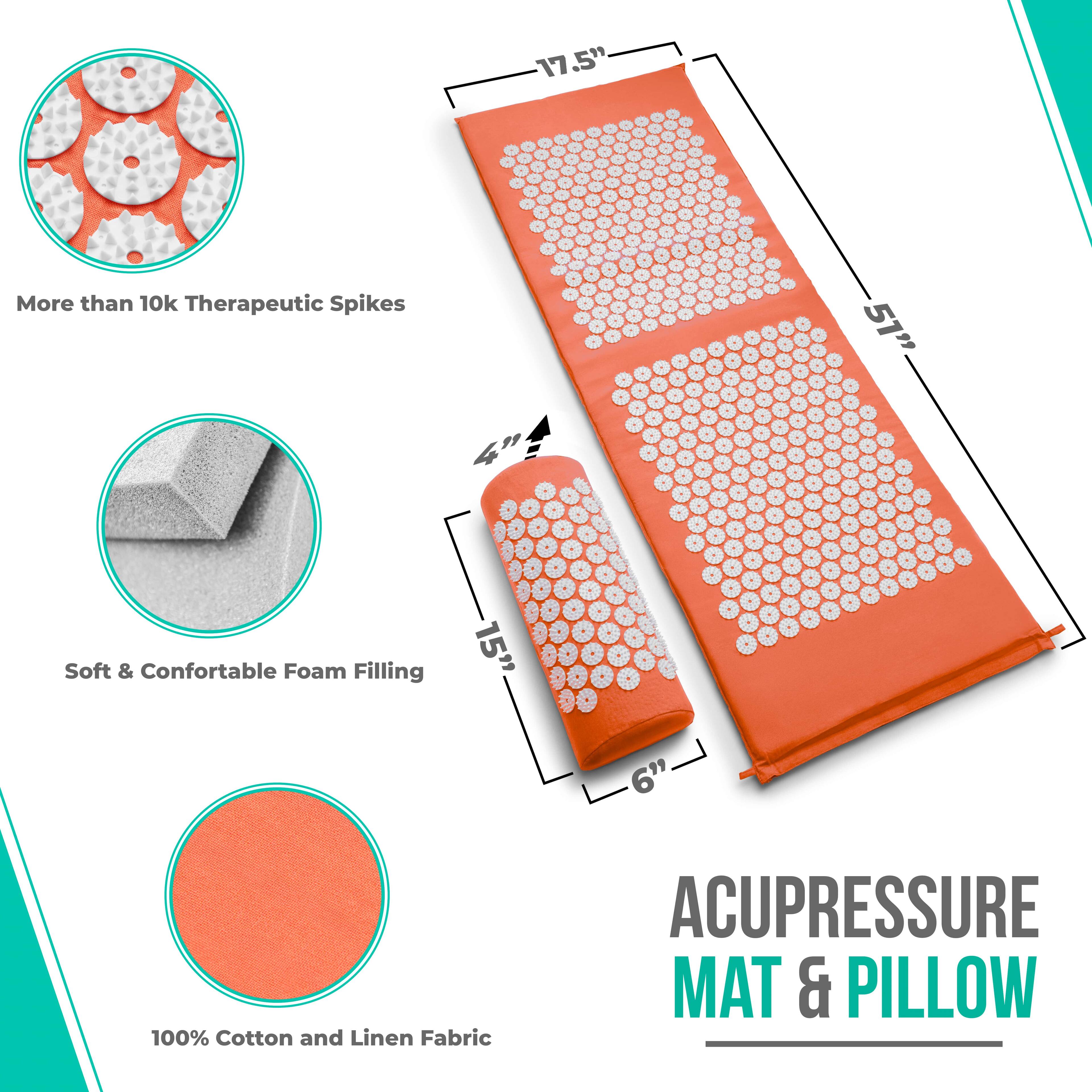 17.5" More than 10k Therapeutic Spikes  
51" Soft & Comfortable Foam Filling  
15" 100% Cotton and Linen Fabric  
ACUPRESSURE MAT & PILLOW