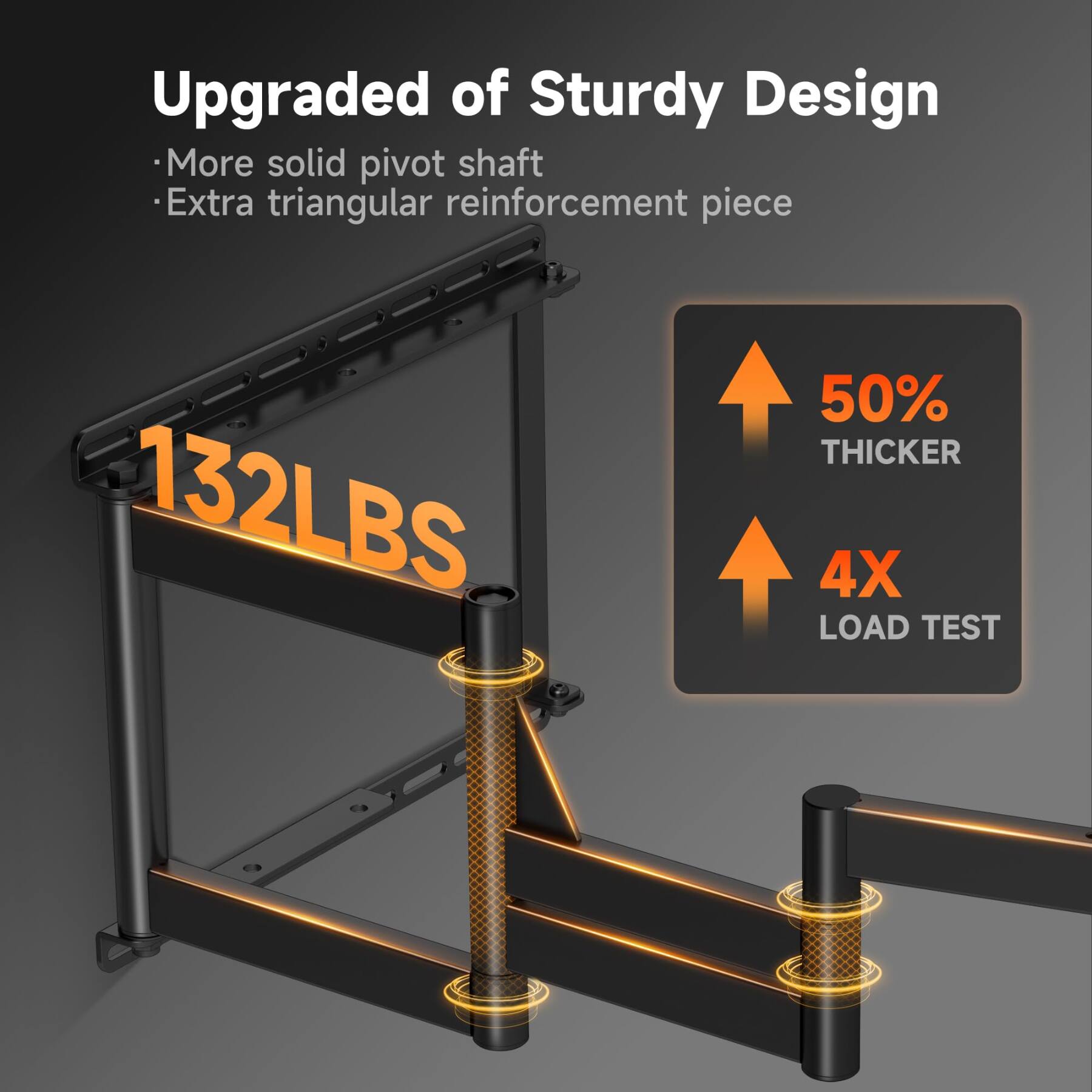 Upgraded of Sturdy Design  
- More solid pivot shaft  
- Extra triangular reinforcement piece  

132LBS  

50% THICKER  
4X LOAD TEST