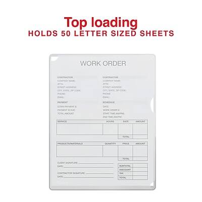 Top loading  
HOLDS 50 LETTER SIZED SHEETS  

WORK ORDER  

CONTRACTOR:  
CONTRACTOR ADDRESS:  
CITY, STATE ZIP CODE:  
PHONE:  
EMAIL:  

CLIENT:  
CLIENT ADDRESS:  
CITY, STATE ZIP CODE:  
PHONE:  
EMAIL:  

WORK ORDER NUMBER:  
DATE:  
SERVICE:  
DATE STARTED:  
DATE COMPLETED:  

PRODUCT/MATERIALS  
QUANTITY  
PRICE  
AMOUNT  

CLIENT SIGNATURE:  
DATE:  

CONTRACTOR SIGNATURE:  
DATE:  

TOTAL  
SUBTOTAL  
DISCOUNT  
TAX  
TOTAL