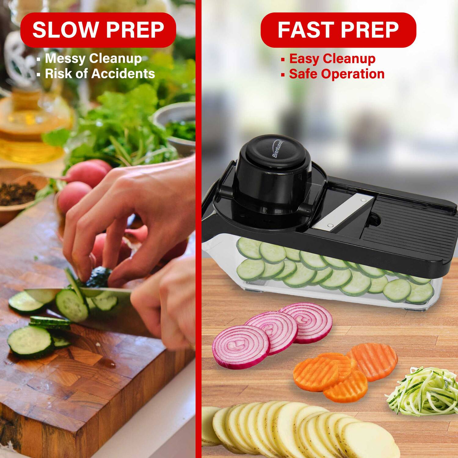 SLOW PREP  
- Messy Cleanup  
- Risk of Accidents  

FAST PREP  
- Easy Cleanup  
- Safe Operation