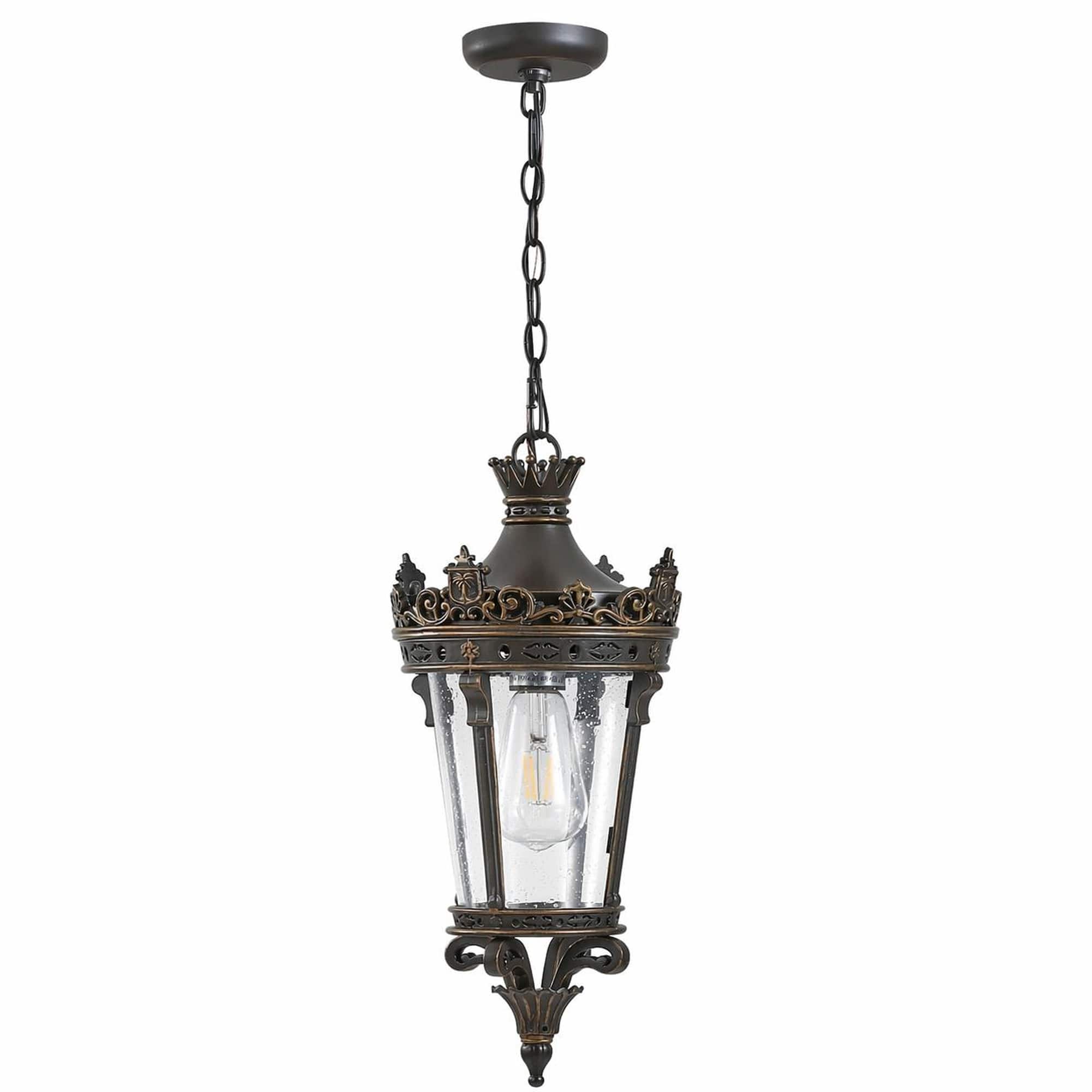 RYHNUYNE - Antique Crown Outdoor Hanging Lantern 18"H, Weatherproof Vintage Pendant Light with Ornate Metal Frame and Clear Glass